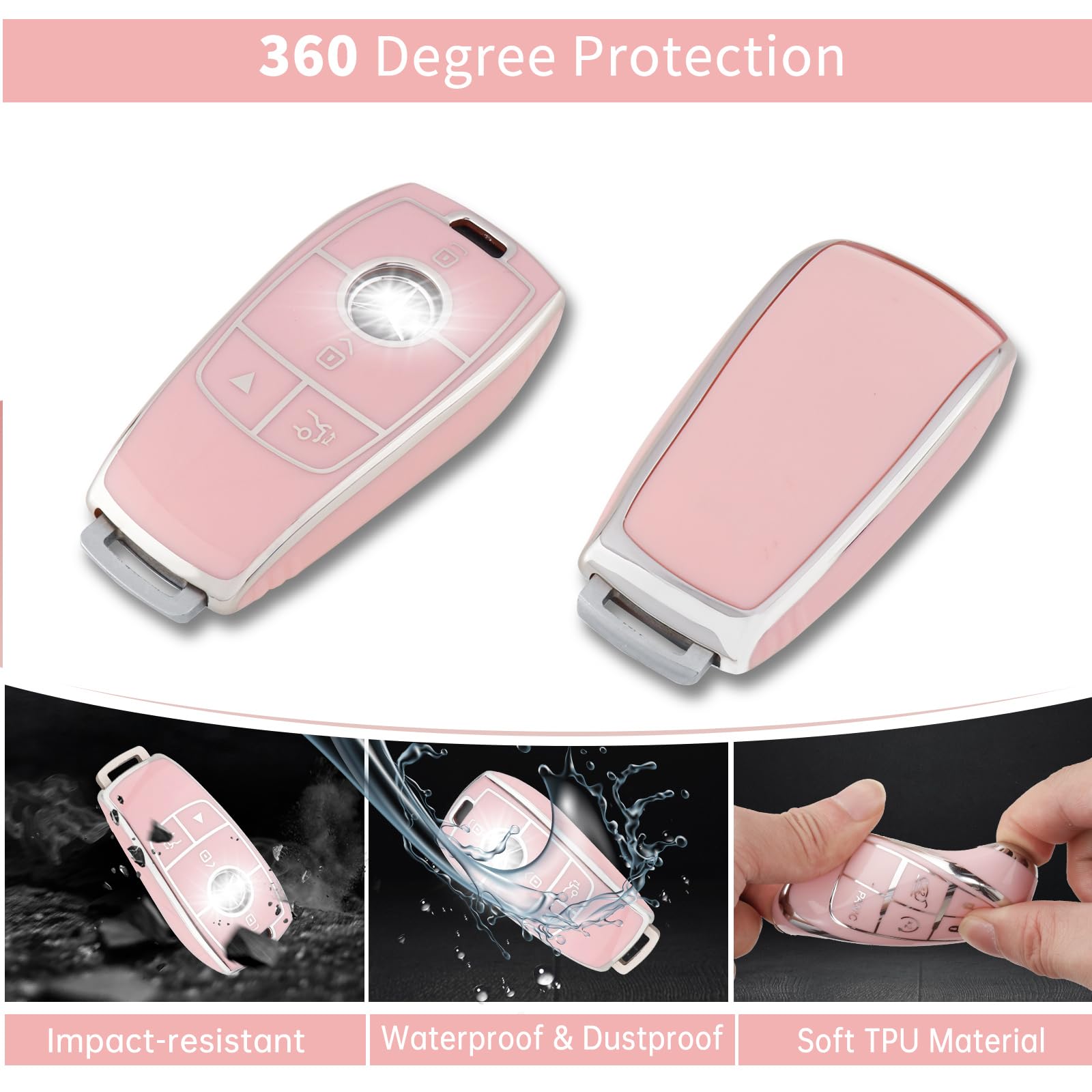 Pangpai Pink Car Accessories 3 Pcs for Mercedes Benz A-Class C-Class G-Class 2017-2020 E-Class S-Class Key Fob Cover with Bling