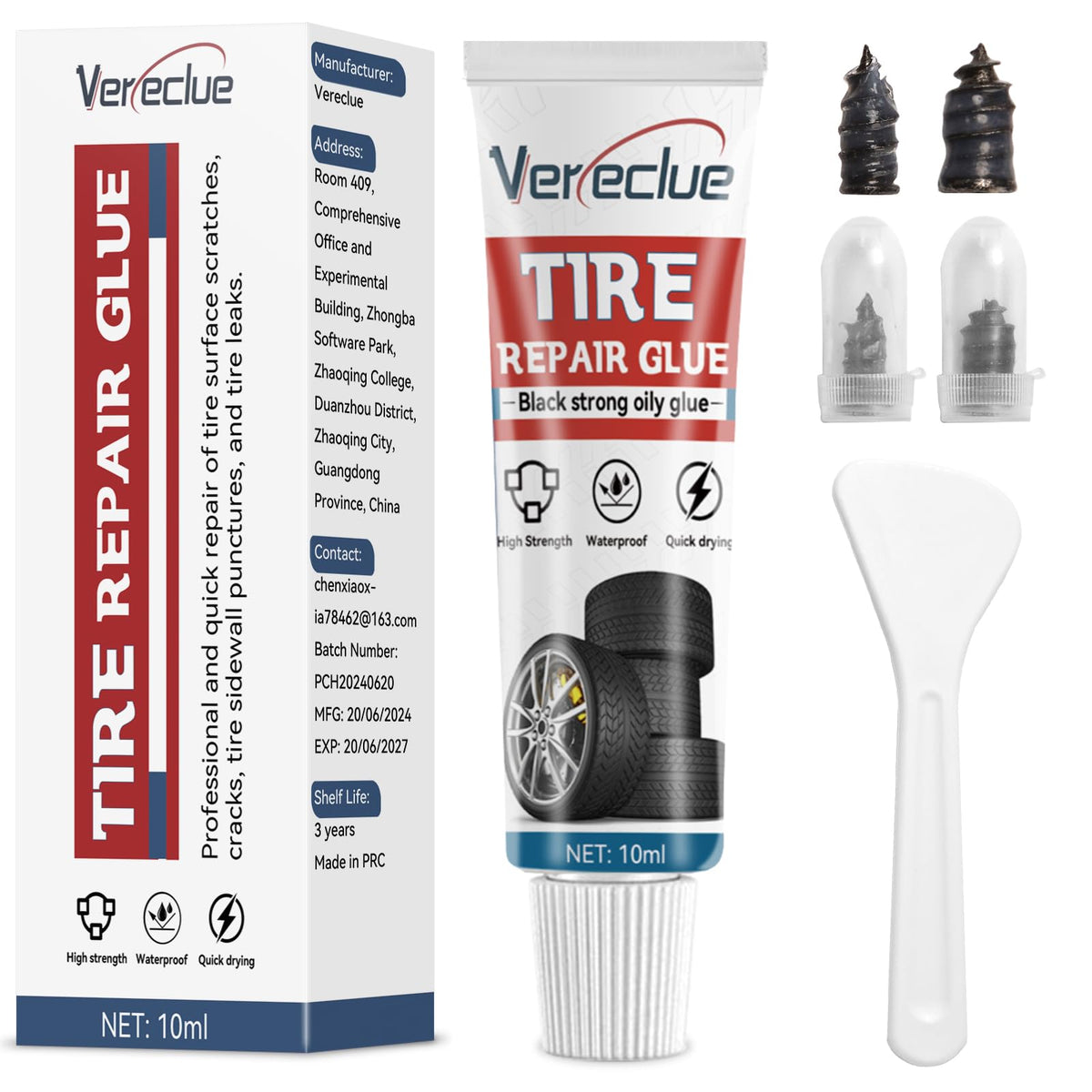 Vereclue Tire Repair Glue, 10Ml Tire Sidewall Repair Kit, Black Rubber Cement Tire Repair, Two Sizes Tire Repair Rubber Nail, Ti