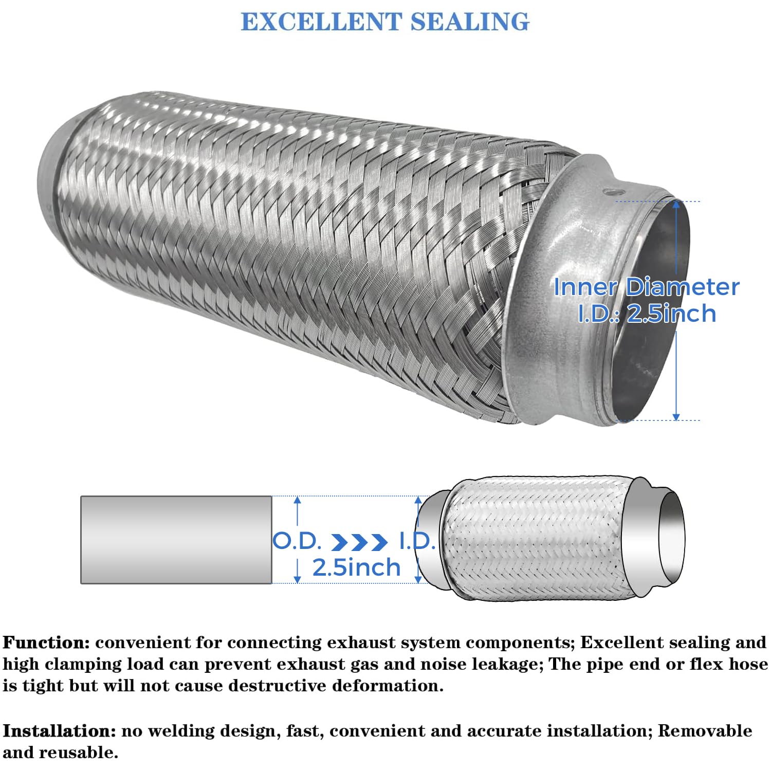 Rp Remarkable Power, Rk7518 Exhaust Flex Pipe 2.5'' X 10'' Heavy Duty Stainless Steel 10''Ol