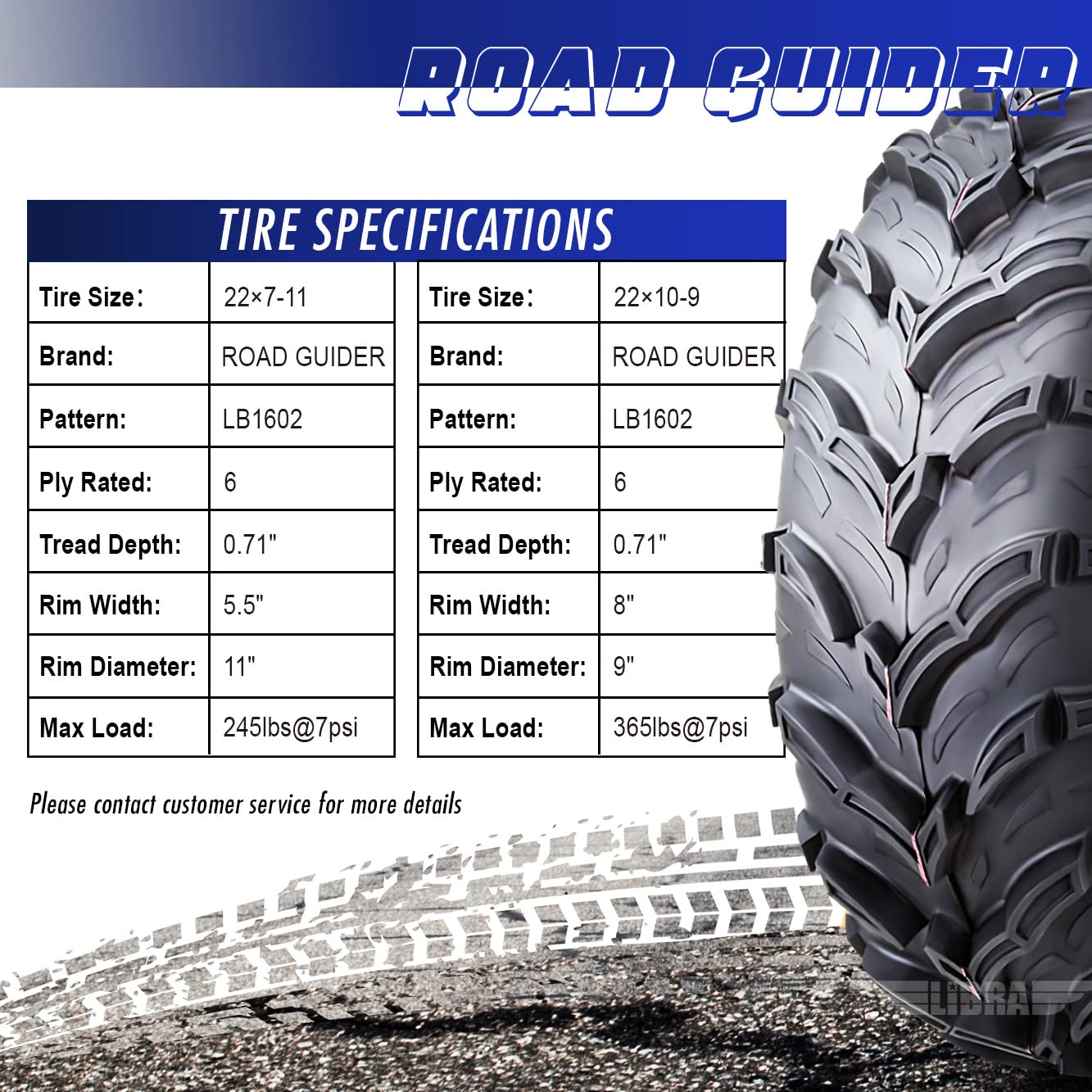 Roadguider Set 4 Atv/Utv Tires 22X7-11 Front & 22X10-9 Rear /6Pr 20Mm Deep Tread Compatible With Honda Recon 250 Suzuki Ozark 25