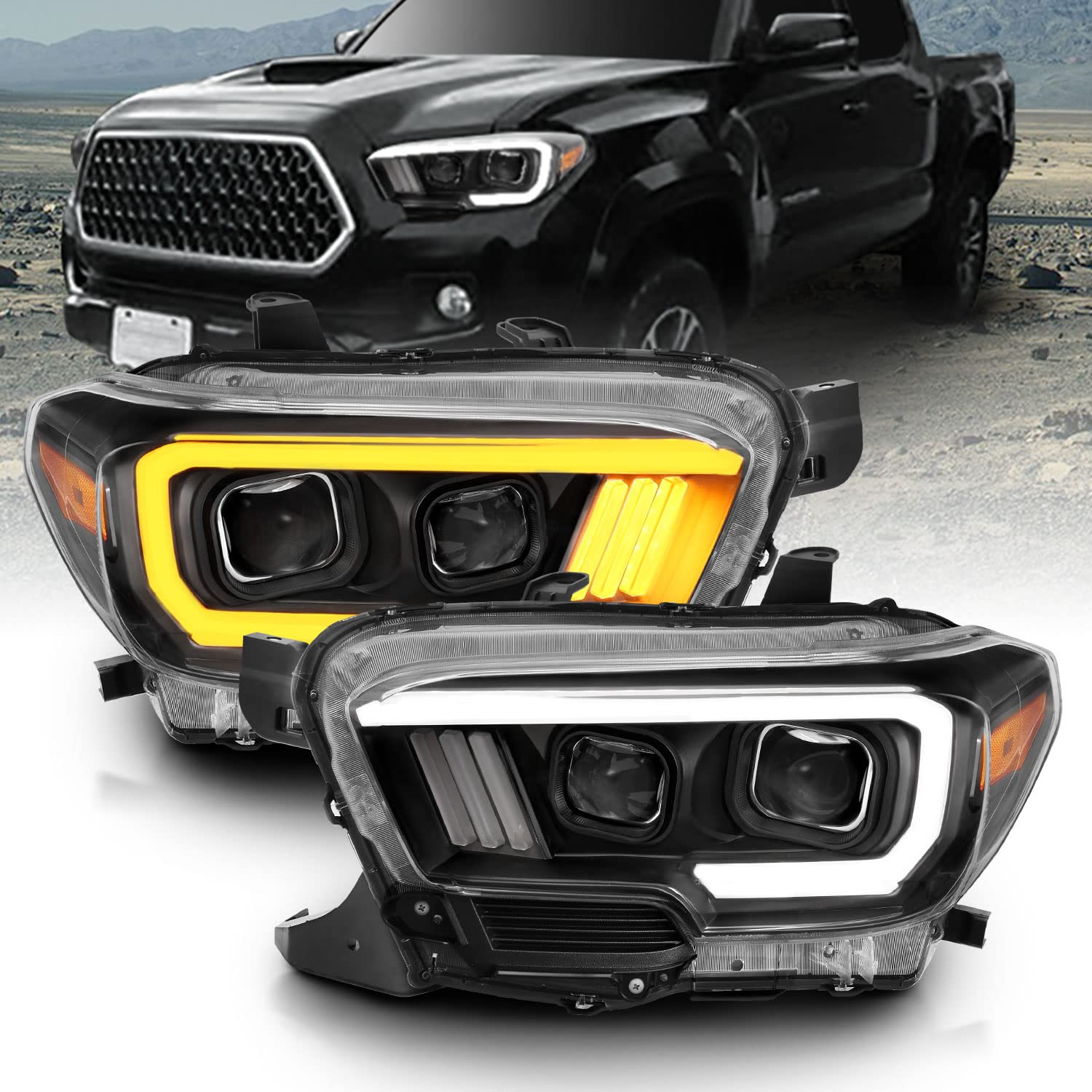 Amerilite For 2016-2022 Toyota Tacoma Trd W/Drl Switchback Led Tube Quad Projector Black Replacement Headlight Assembly Pair - Passenger And Driver Side