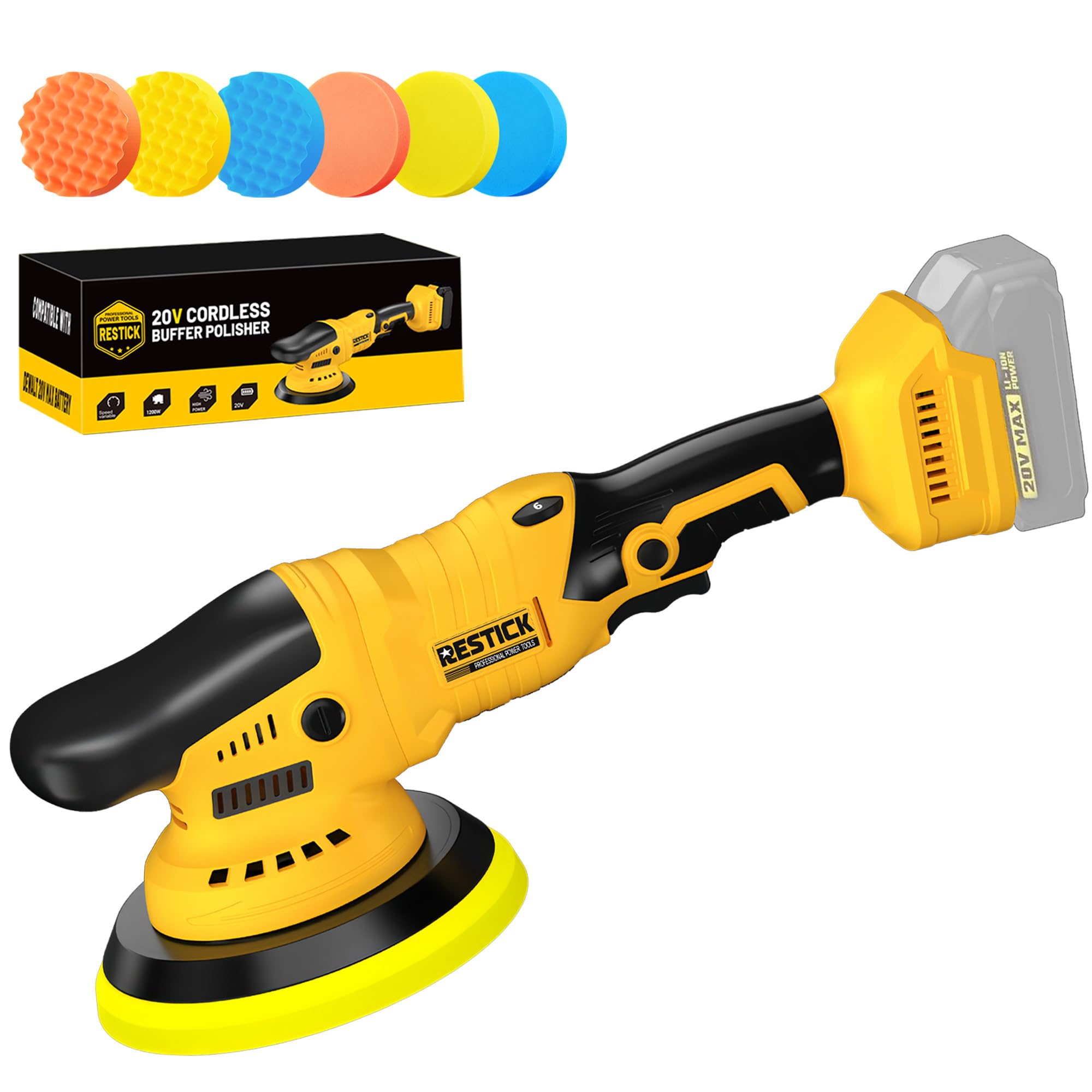 Cordless Buffer Polisher Compatible with Dewalt 20V Battery, 10000RPM Brushless High Power | Dual Action | 6 Variable Speed | 6-