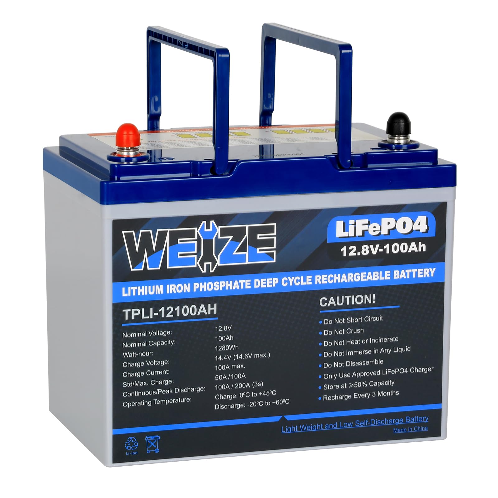 Weize 12V 100Ah Mini Lifepo4 Battery, Built-In 100A Smart Bms, Deep Cycle Lithium Iron Phosphate Battery Perfect For Rv, Solar,
