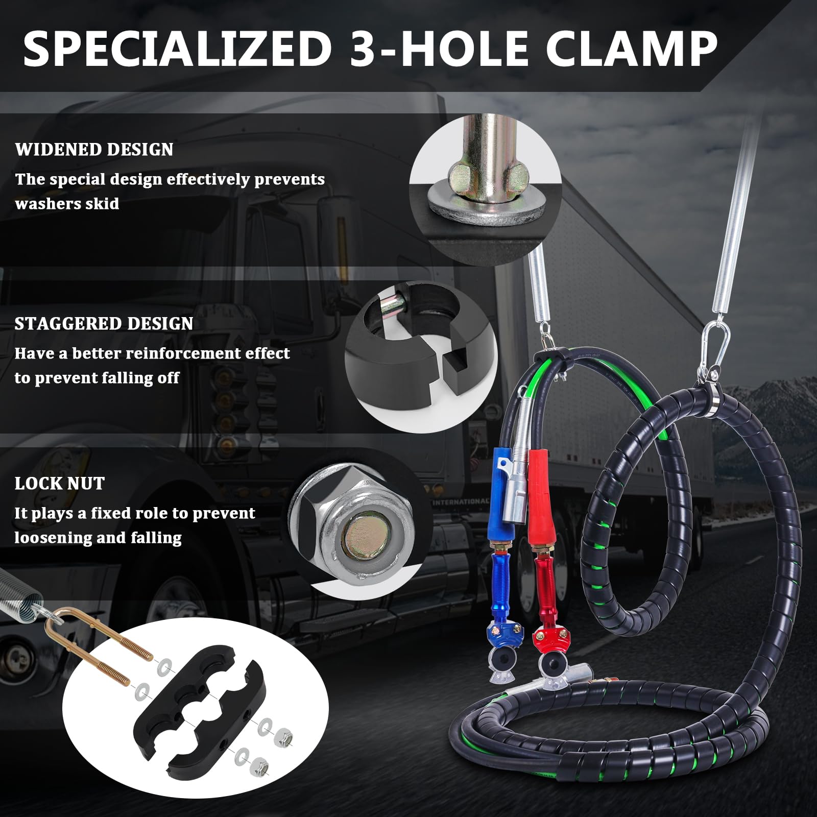 CheeMuii 12 FT Semi Truck Air Lines Kit - 3 in 1 ABS Hoses with Gladhands & Holder