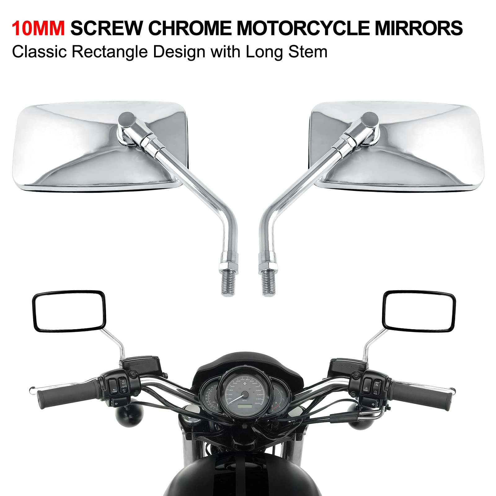 Surpassme 10Mm Chrome Motorcycle Mirrors, Universal Silver Rectangle Motorcycle Rearview Mirrors