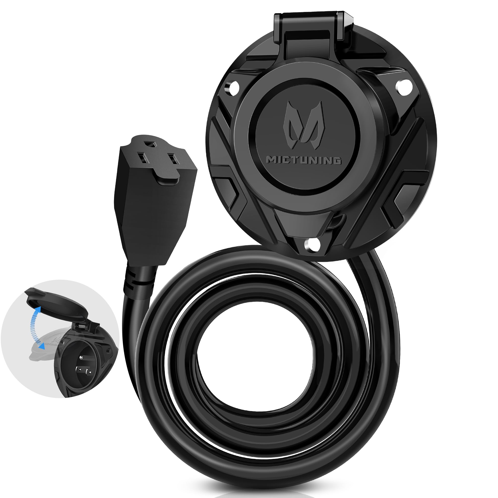 Mictuning 10A-15A Ac Port Plug, 125V Power Inlet Socket With Integrated 20-Inch Extension Cord & Waterproof Auto Shut Cover, Cab