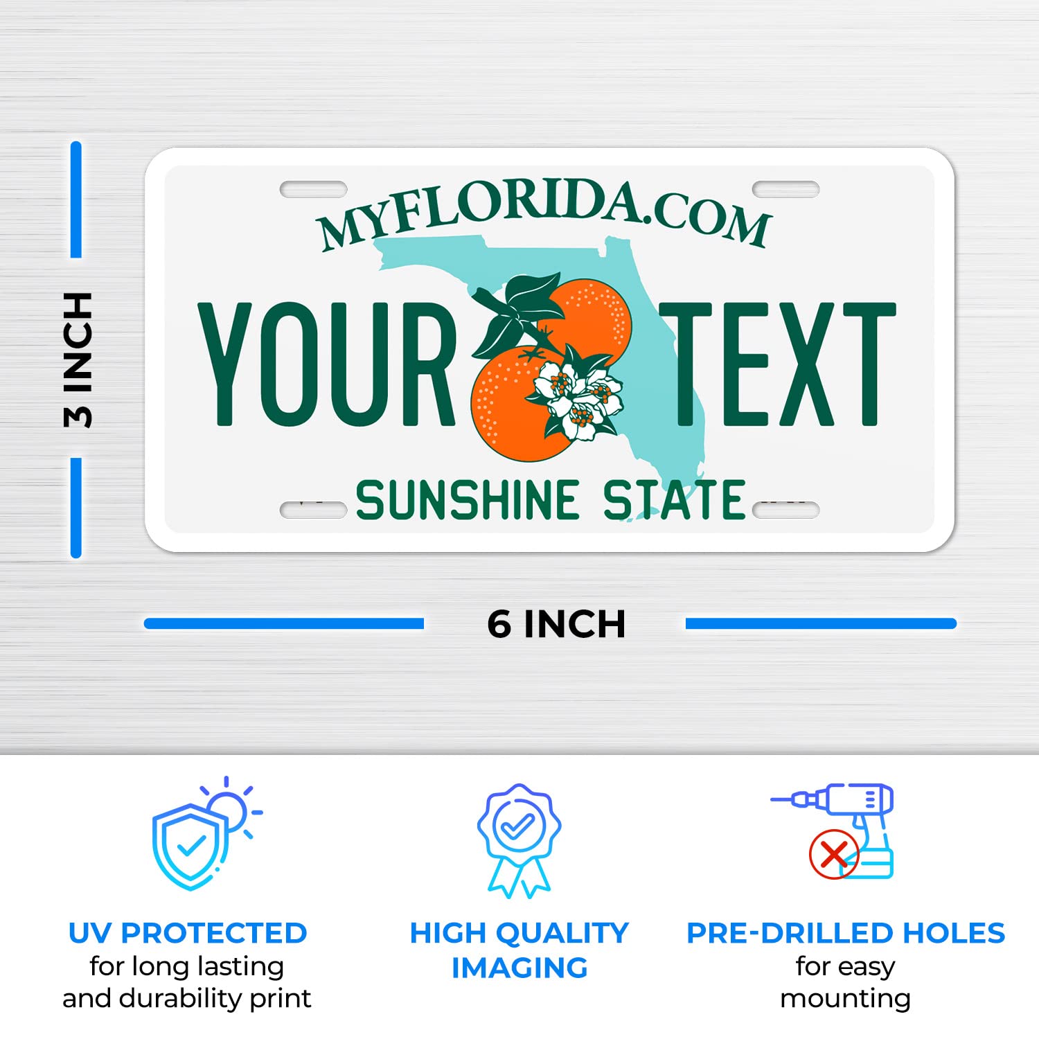 Custom Florida, Mini License Plate, Personalized 50 States Fake License Plate For Front Of Car Sign, 3X6 Inches, Rust Free .040 Aluminum, Fade Resistant, Made In The Usa By Sigo Signs,