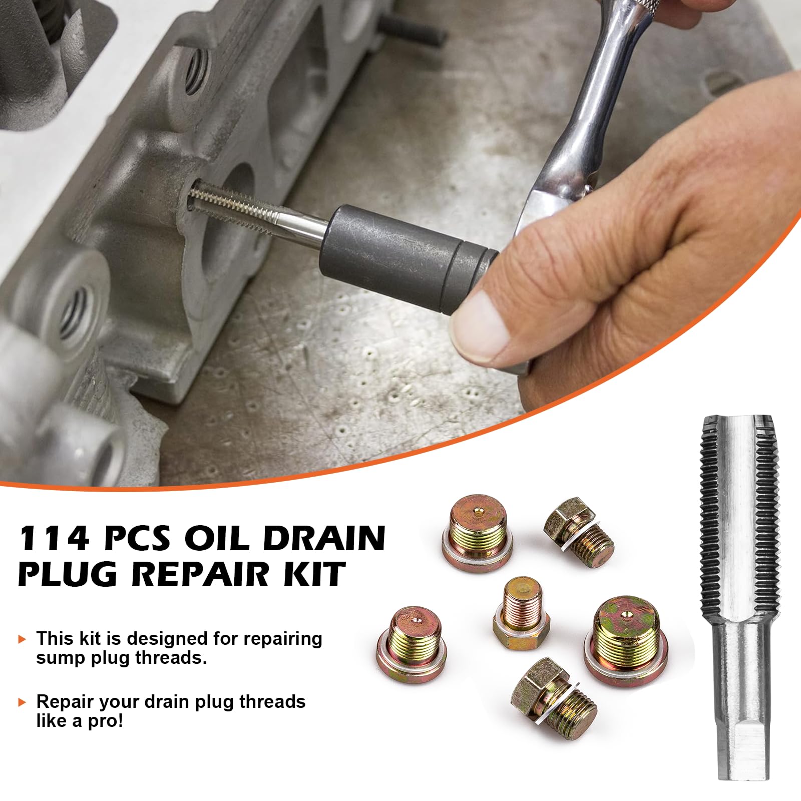 Luney 114Pcs Oil Pan Drain Plug Repair Kit, Oil Drain Plug Removal Thread Repair Tool Kit, Drain Pans Automotive Rethreading Tools Kit M13 M15 M17 M20 M22, Metric Universal