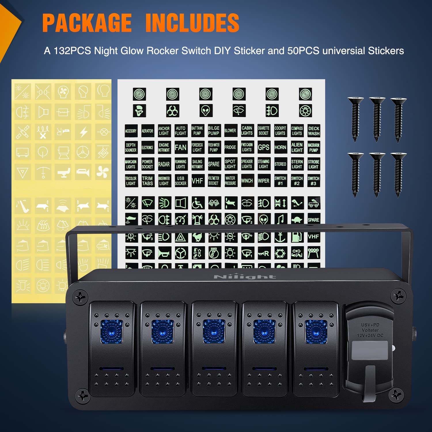 Nilight 5 Gang Rocker Switch Box 12V Spst On Off Switches Pd Type C And Qc 3.0 Usb Charger Voltmeter Waterproof Aluminum Panel D