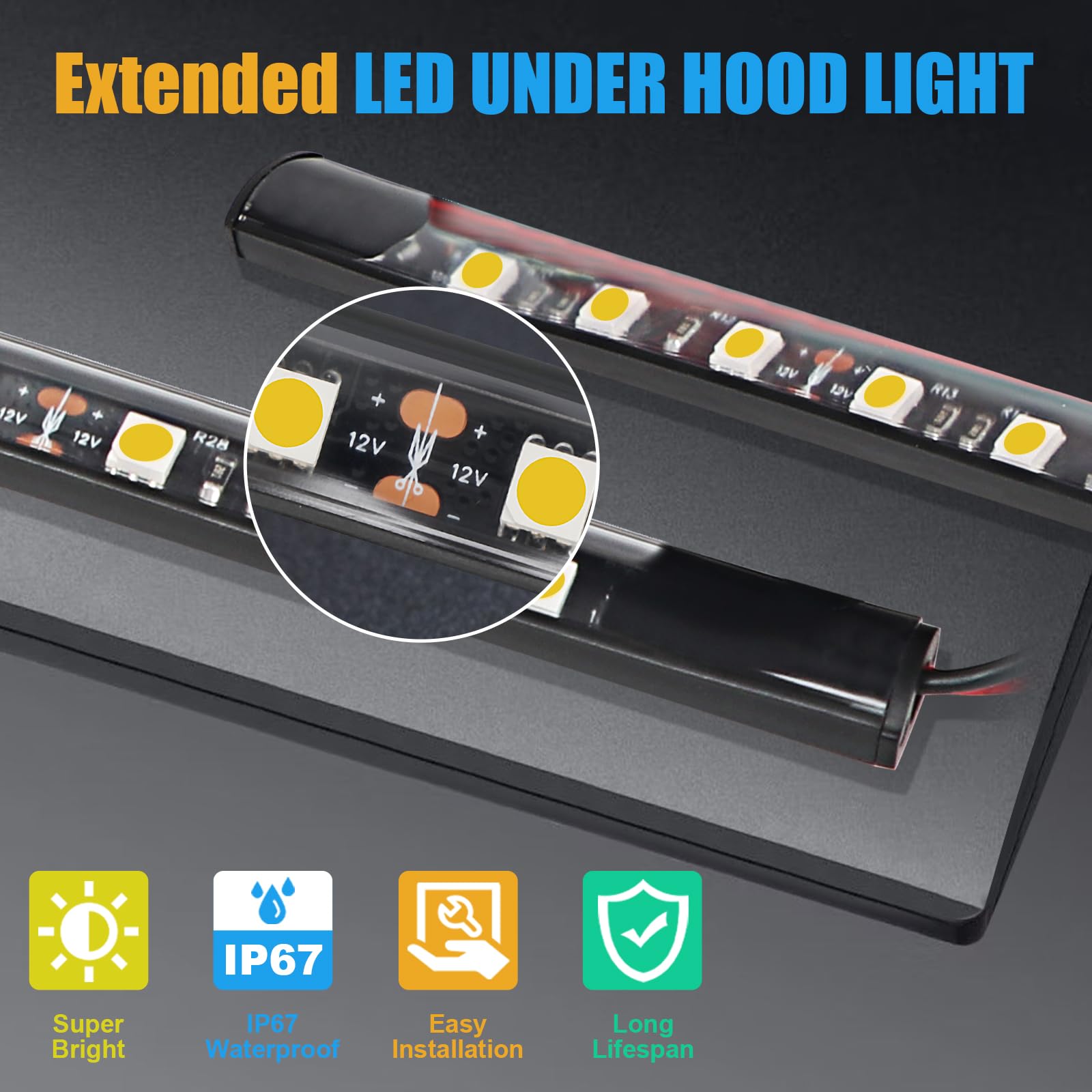 Greceyou Under Hood Led Light Kit, Waterproof 12V 30Leds Car Led Lights Bars Car Underhood Work Light Strip With Automatic On/Of