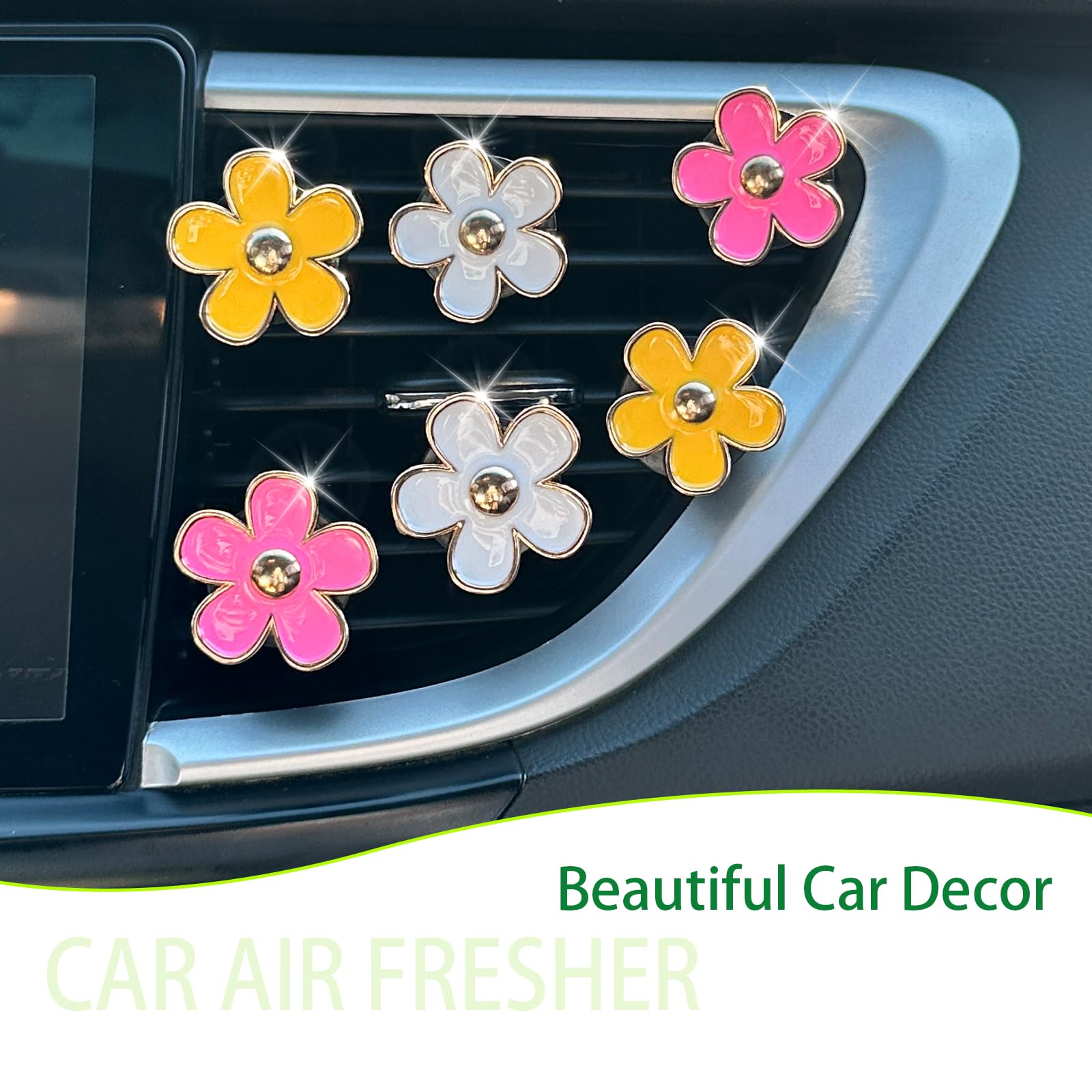 Oriesse 6Pcs Flowers Car Air Freshener Vent Clips,Pink Yellow White Daisy Flowers Air Vent Clip Car Accessories For Women,3.3Cm/