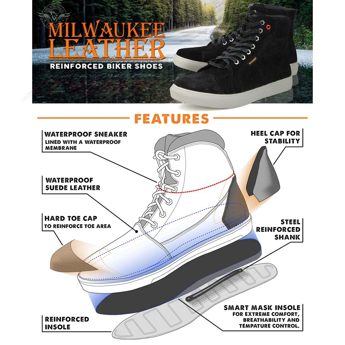 Milwaukee Leather MBM9155 Men's Black Suede Leather Reinforced Street Riding Waterproof Shoes w/Ankle Support - 8