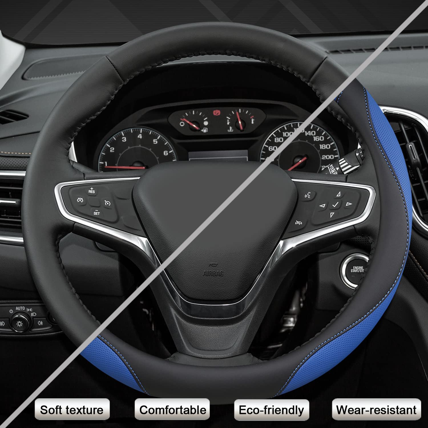 West Llama Customized Auto Car Steering Wheel Cover For Chevy 14.5-15 Inches, Steering Wheel Cover For Chevrolet (Black+Blue - S