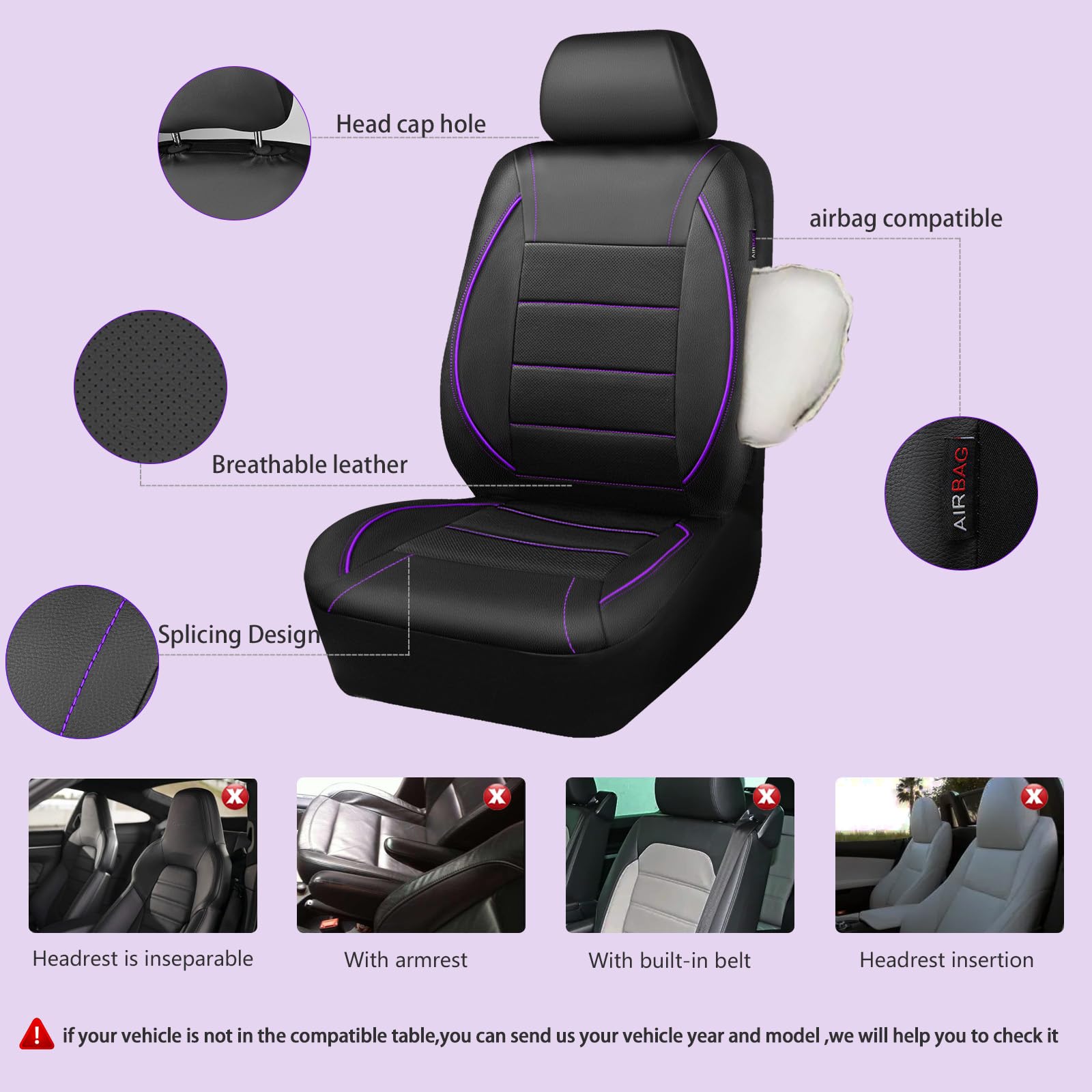 Car Pass Piping Pu Leather Car Seat Cover,Inside Zipper Design And Reserved Opening Holes Airbag Compatible,Universal Fit For Ca