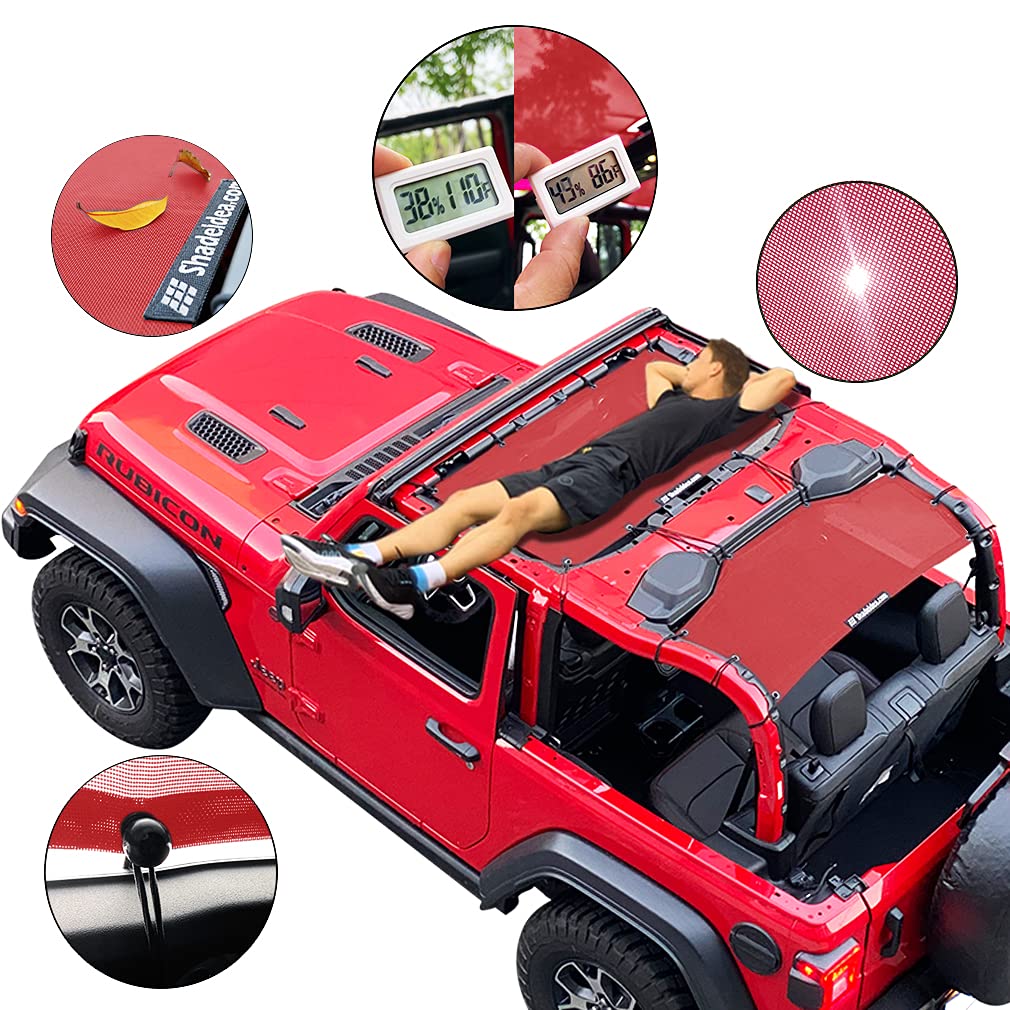 Shadeidea Jl Sun Shade Top For Jeep Wrangler 2 Door Top Sunshade (2018-2023), Front & Rear - Cherry Red Mesh Screen Wrangler Cov