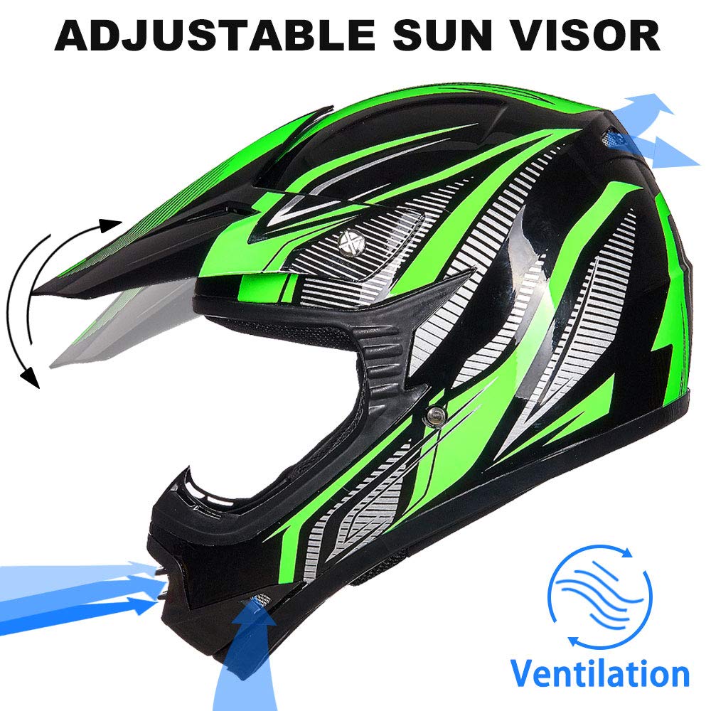 Ilm Youth Kids Atv Motocross Helmet Goggles Sports Gloves Dirt Bike Motorcycle Off Road Dot Approved B07 (Youth-Xl, Green/Silver