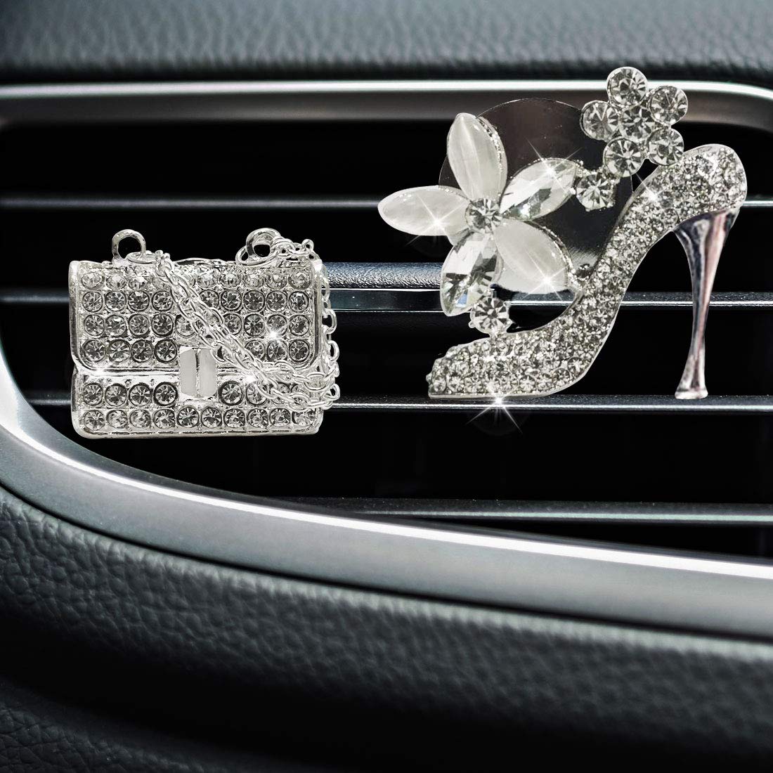 Jsacemxi Crystal High Heel Shoe & Magic Bag Car Air Vent Clip Charm Bling Sparkly Bedazzled Rhinestone Car Interior Bling Access