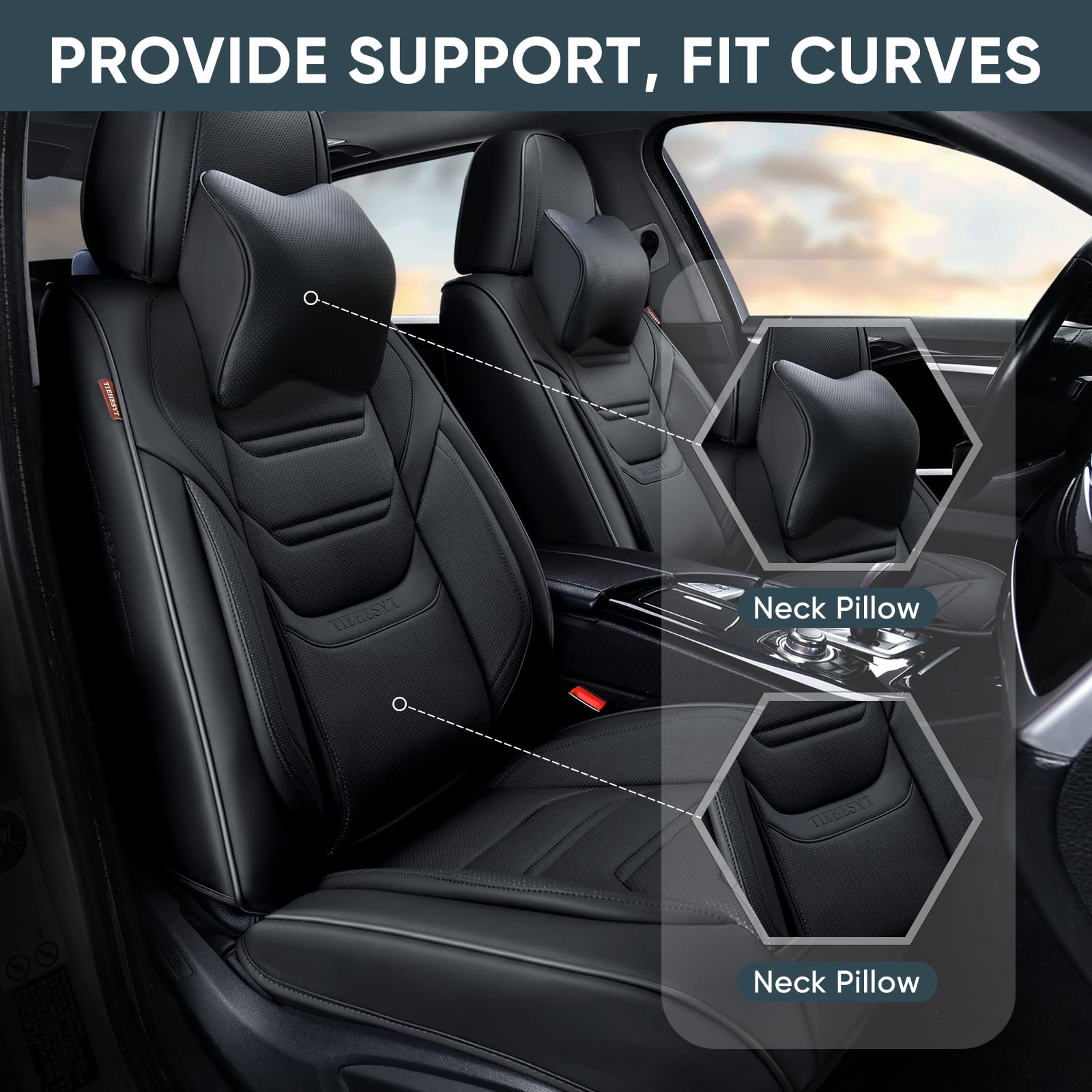 Tiehesyt Black Car Seat Covers Front Pair, Breathable Leather Automotive Front Seat Covers & Headrest For Comfortable Driving, U