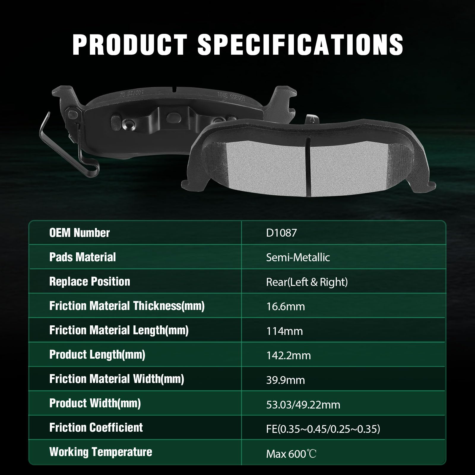 Automuto 4Pcs Rear Semi-Metallic Disc Brake Pads Set D1087 For Jeep Commander 2006-2010,For Jeep Grand Cherokee 2005-2010