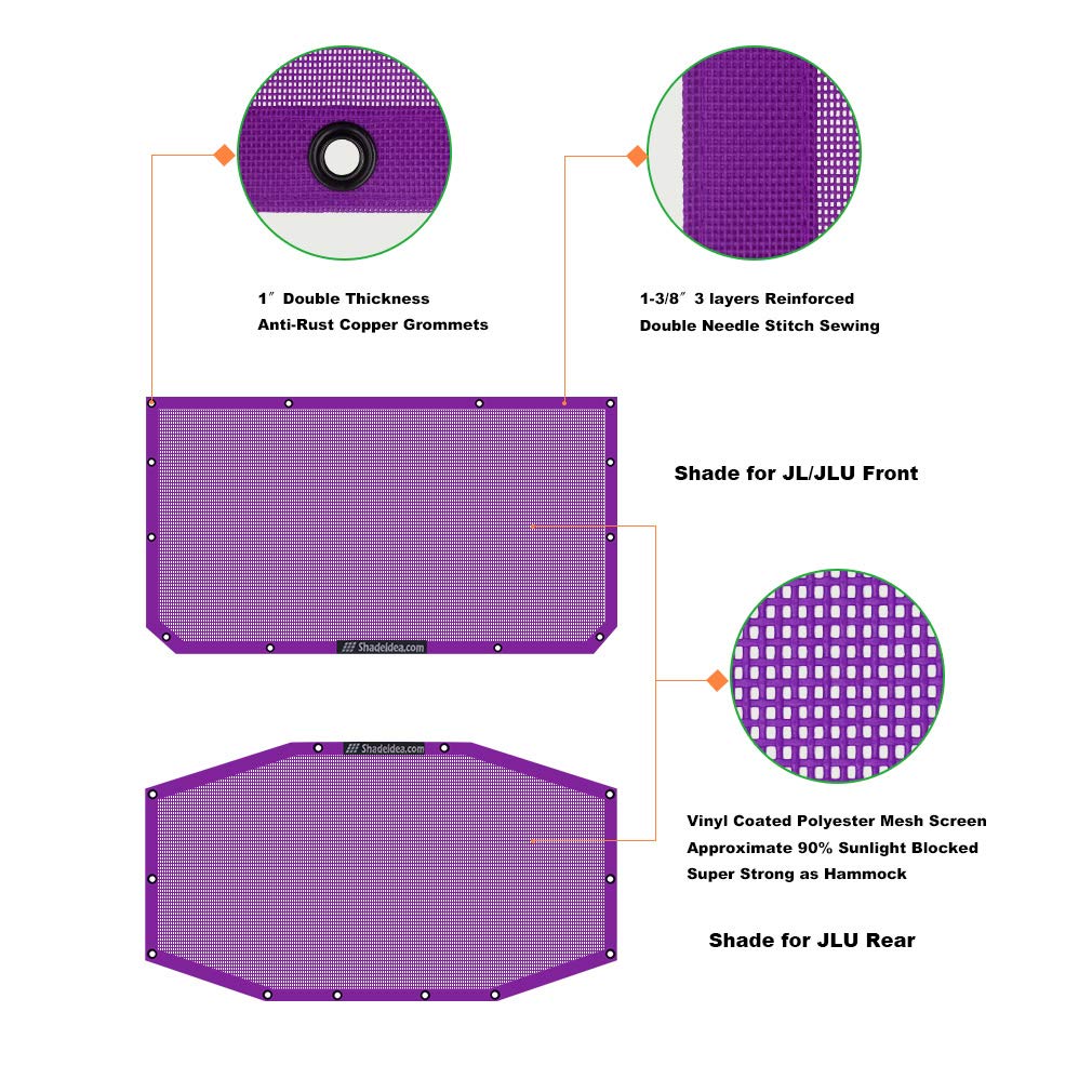 Shadeidea Sun Shade Top For Jeep Wrangler Jl Unlimited (2018-2023) 4 Door Front And Rear 2 Piece-Purple Mesh Screen Sunshade Jlu