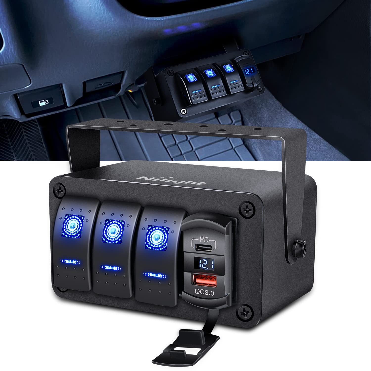 Nilight 3 Gang Rocker Switch Panel Blue Backlit With Pd Type C And Usb Charger Voltmeter Waterproof 12V 24V Dc Rocker Switch With Night Glow Stickers For Car Trucks Boats Rvs,2 Years Warranty,Blue/Box