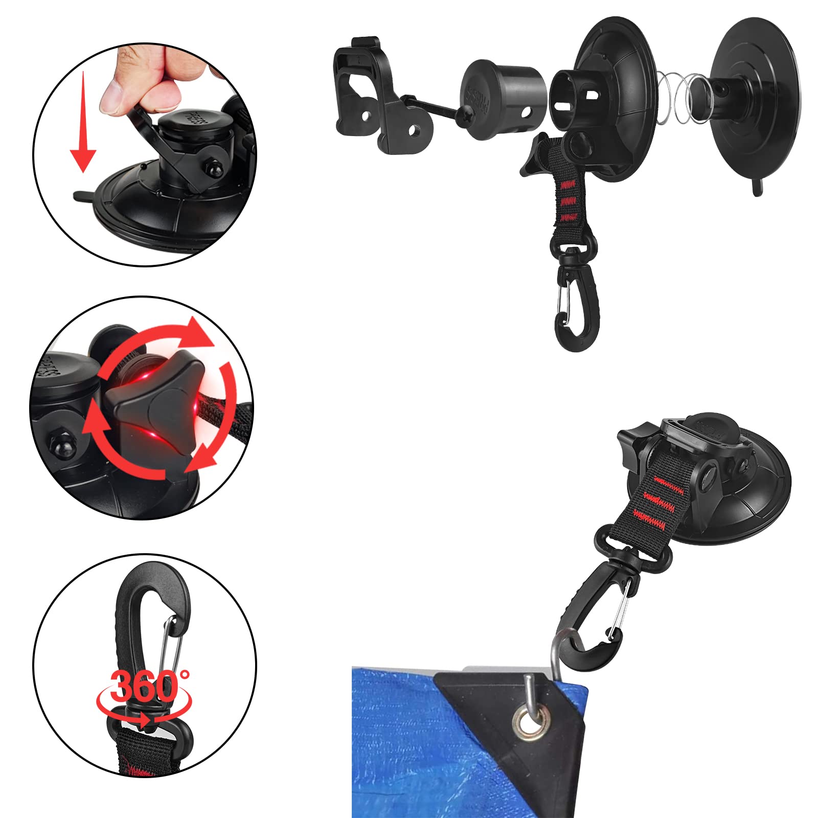 Vashly Heavy Duty Suction Cup Anchor 4Pcs Strong Suction Cups With Hooks And 4Pcs Tarp Clips Deavy Duty Lock Grip For Tie Down Car Awning Boat Camping Trap