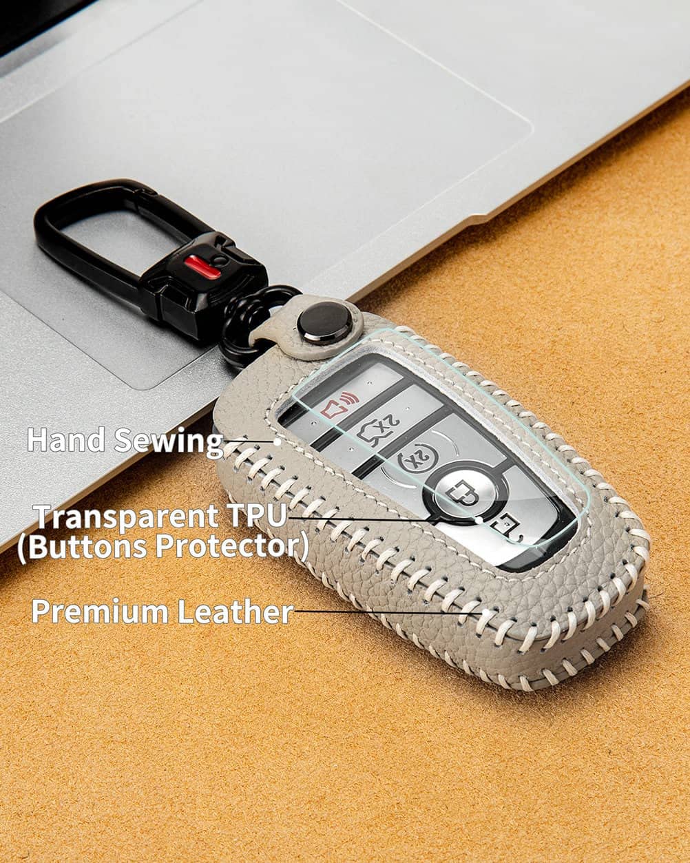 For Ford Key Fob Cover With Keychain, Leather Keyless Entry Car Smart Key Case Protector Holder Compatible With 2017-2023 Bronco
