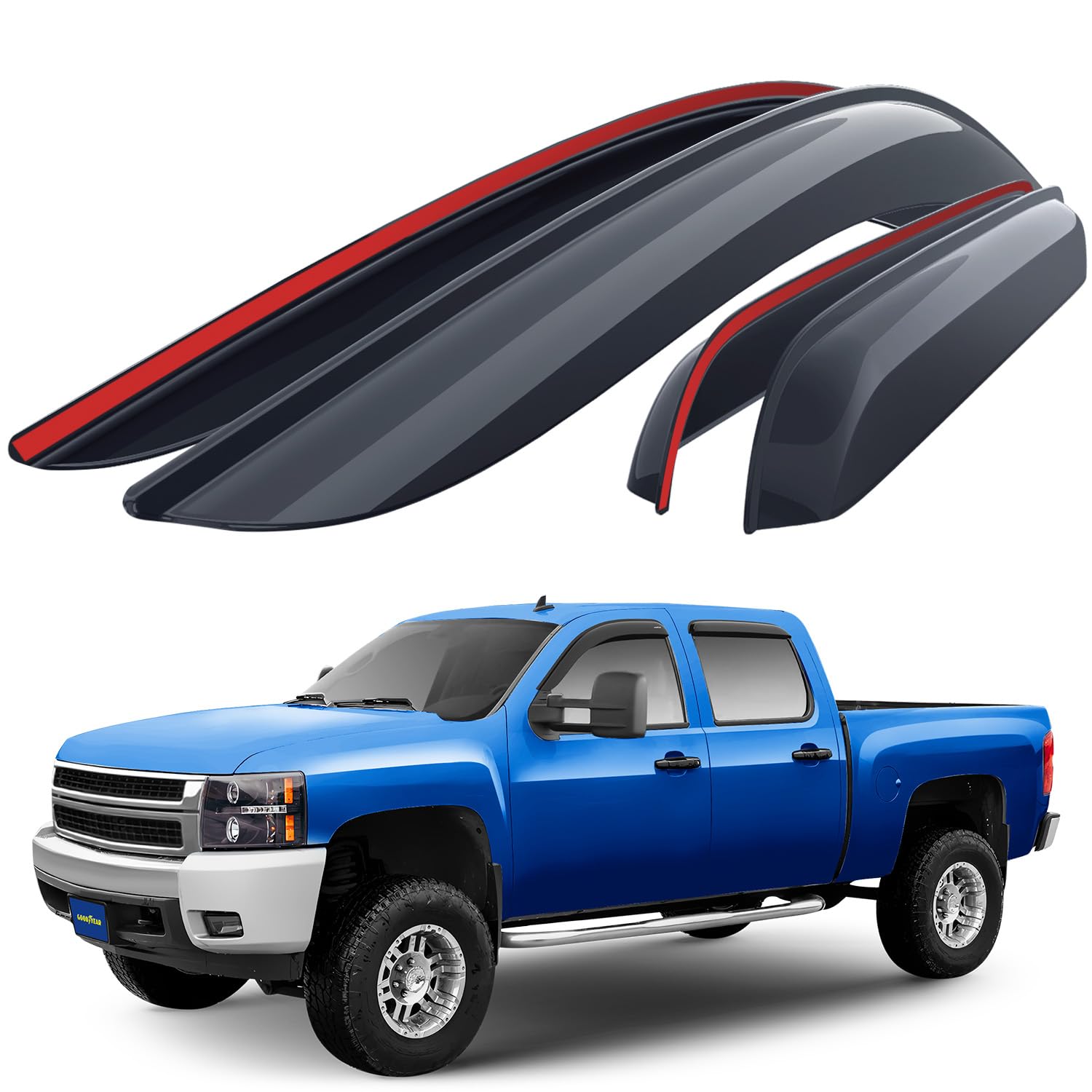 Goodyear Shatterproof Window Deflectors For Trucks Chevrolet Silverado/Gmc Sierra 2007-2013 Crew Cab, Tape-On Rain Guards, Windo