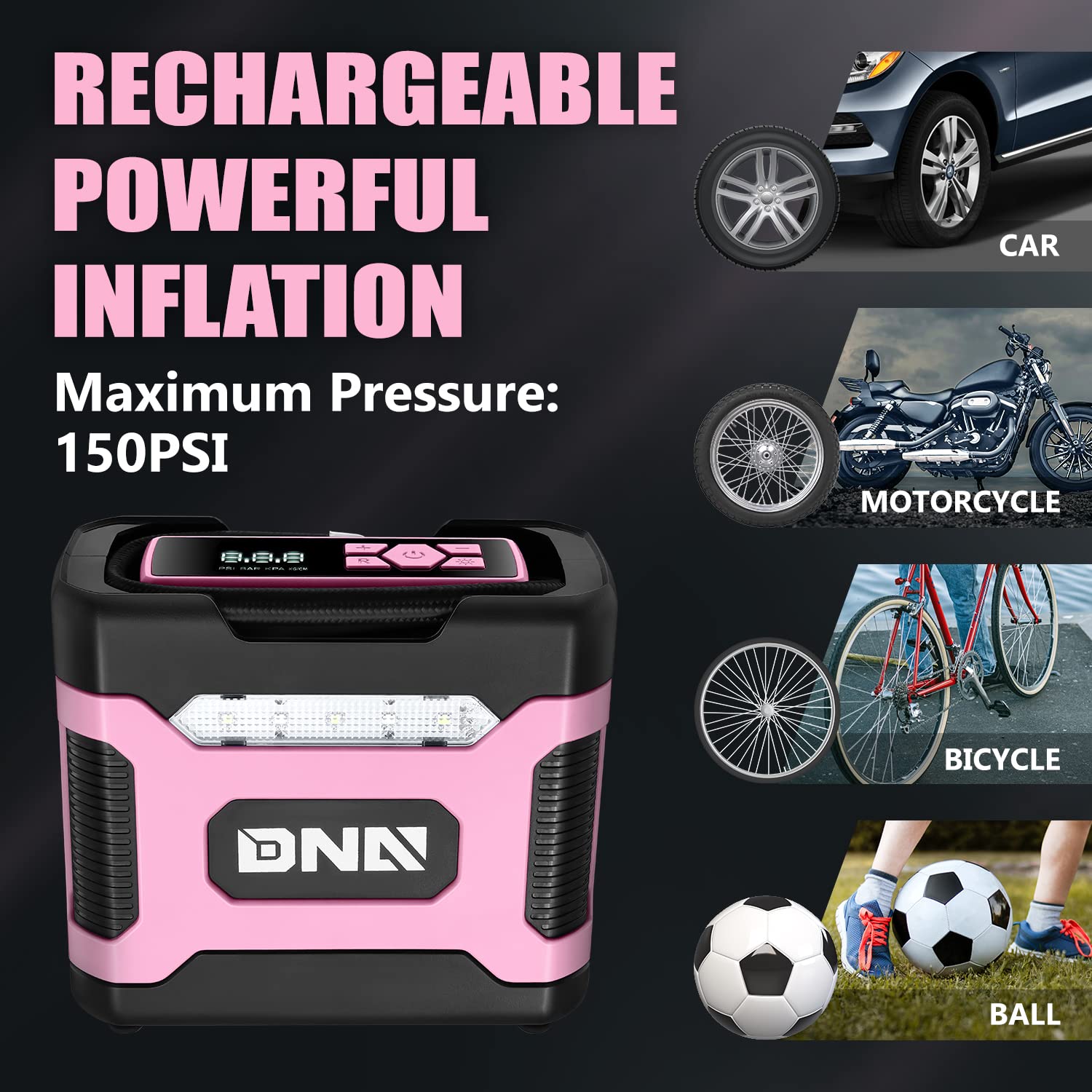 Dna Motoring Tools-00212 Pink 12V Dc Digital Tire Inflator Portable Air Compressor With Pressure Gauge For Cars, Bicycles, Motor