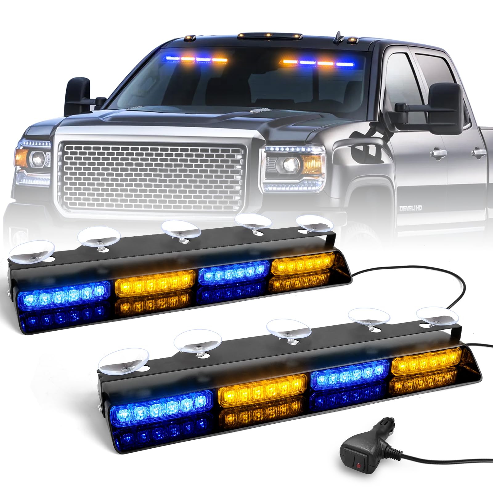 Hlauto 6Z4J Emergency Dash Strobe Lights: 2X16.8 Inch Blue Amber Safety Lights, 48 Led Flashing Warning Hazard Interior Windshie