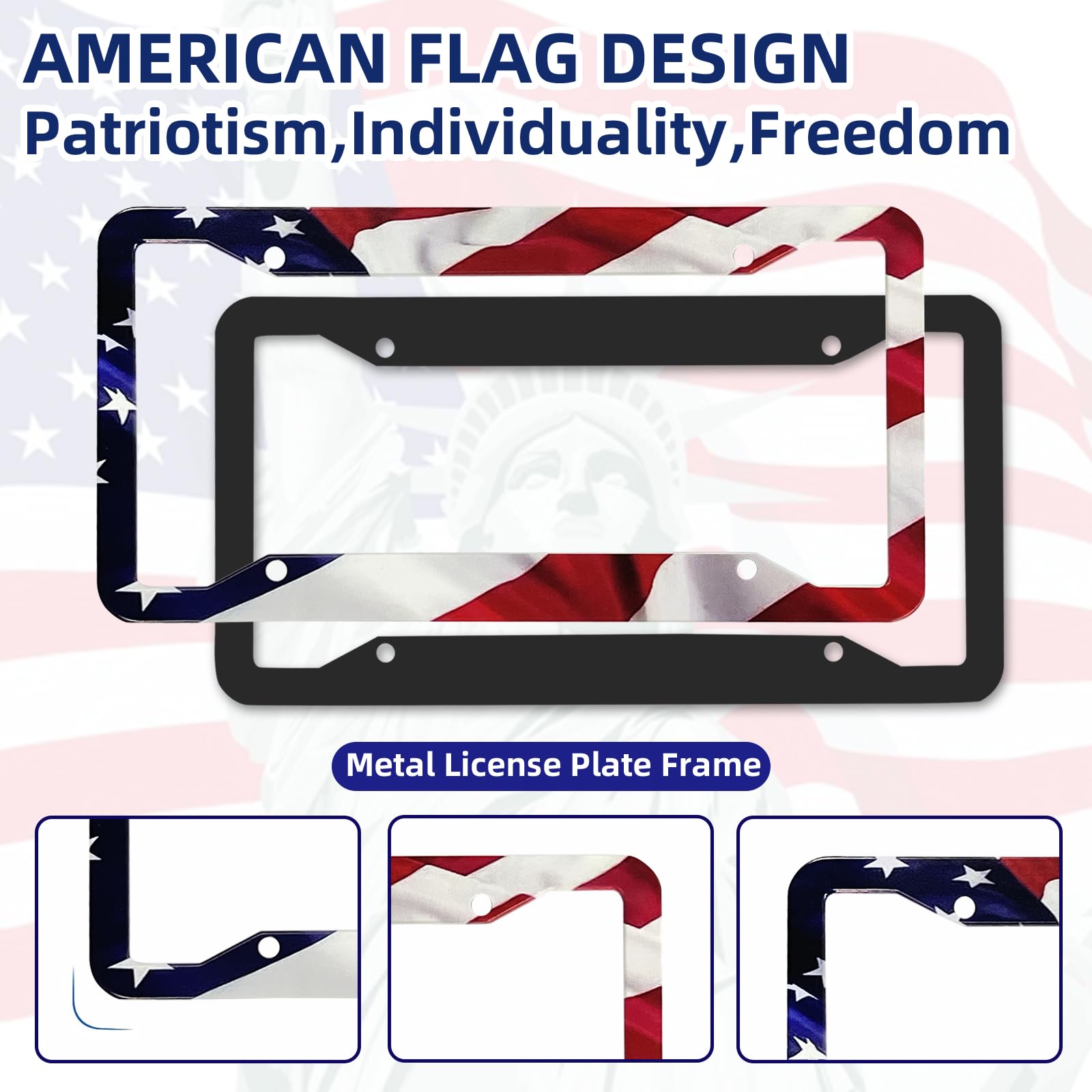LIN KANG American Flag License Plate Frame Holder - 2 Pack, Aluminum, Matte Stripe, Gloss Patriotic Design, Includes Free Screws and Caps
