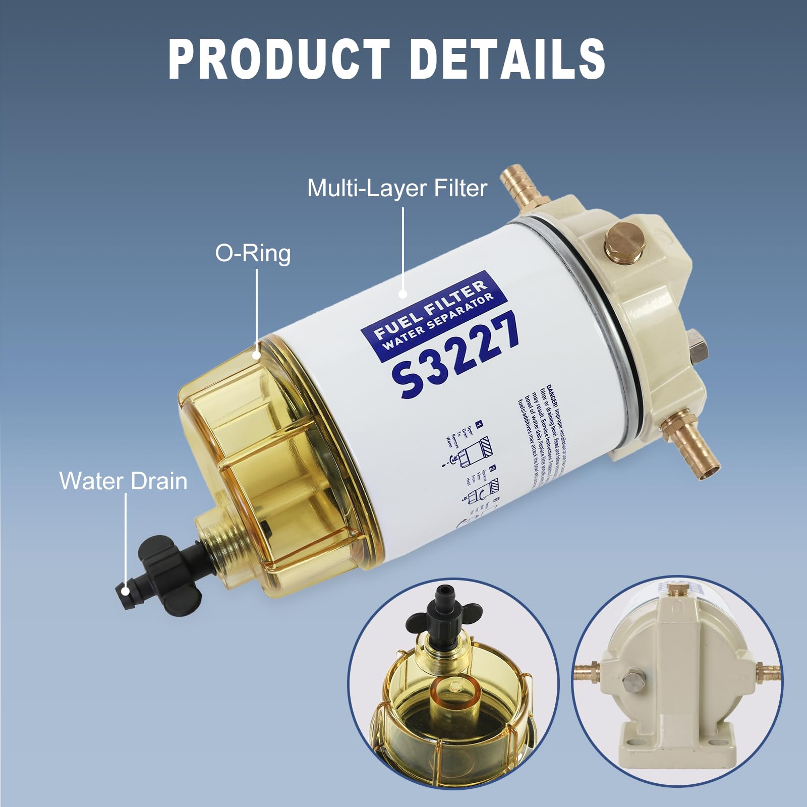 S3227 Fuel Filter Water Separator Assembly Replacement For Marine Outboard Motor Mercury With 3/8'' Barb X 1/4'' Npt Fittings Re