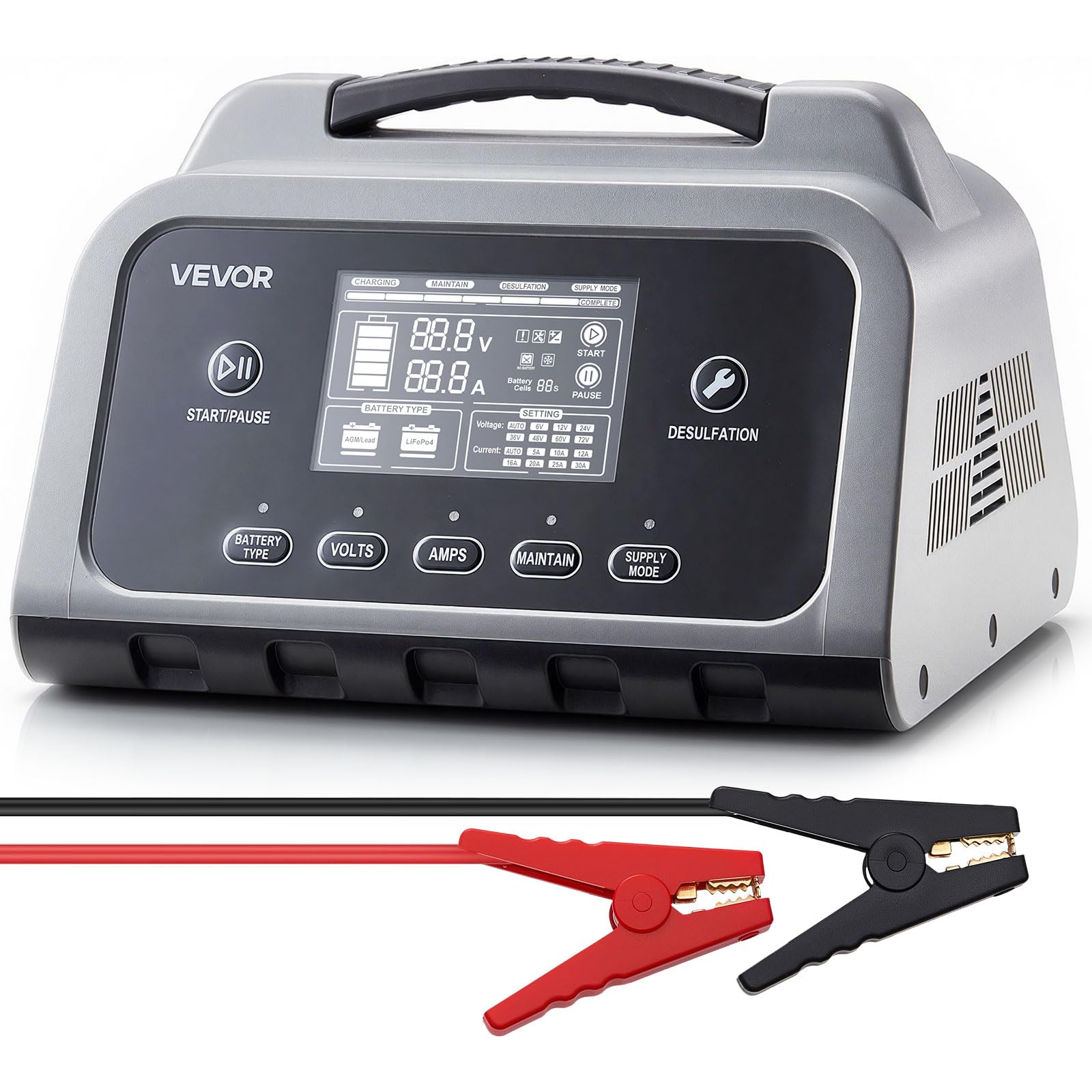 VEVOR Smart Battery Charger, 30A, 6V 12V 24V LiFePO4 Lead-Acid (Gel/AGM) Lithium Car Battery Charger, with LCD Display, Trickle 