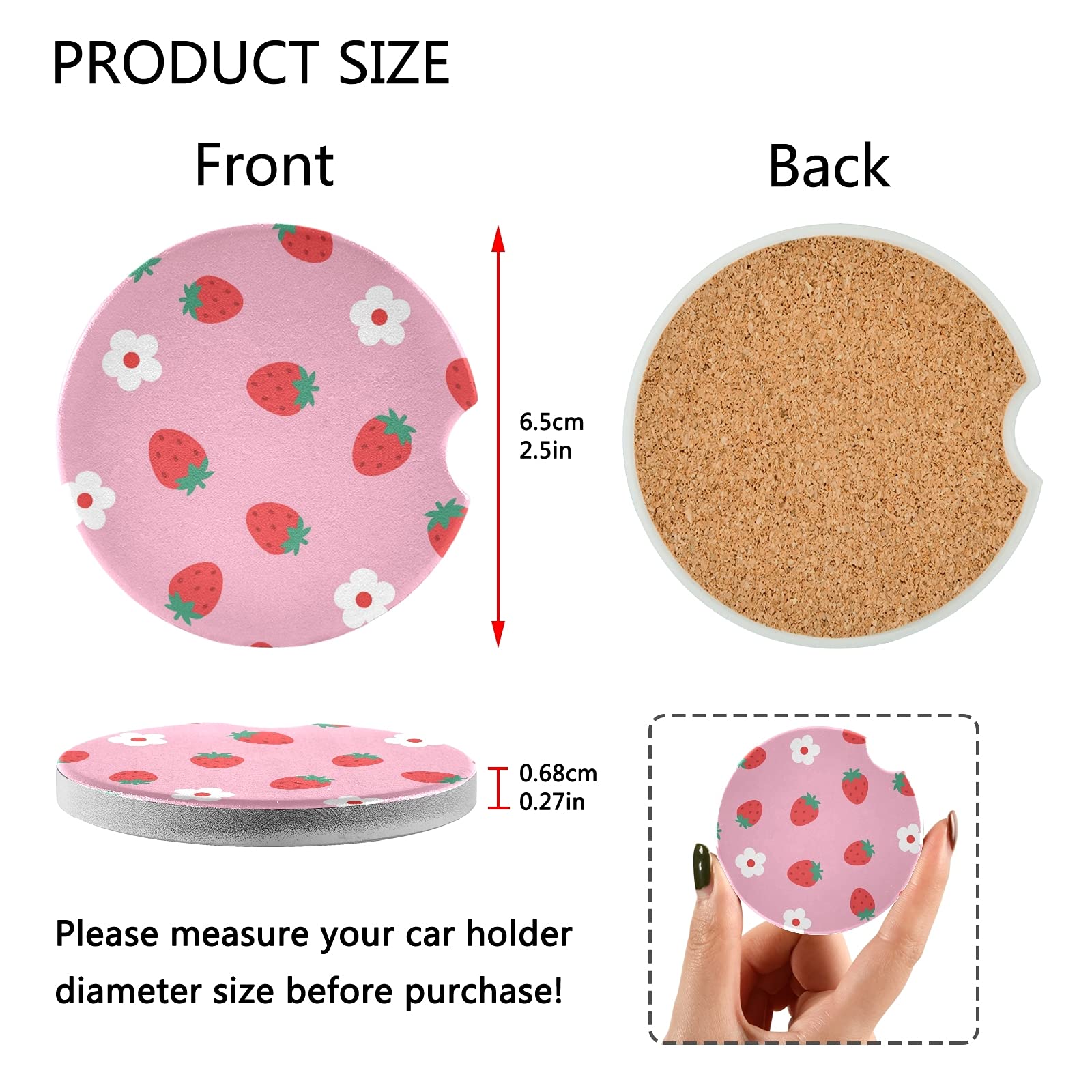 Susiyo Car Coasters 2 Pack, 2.5Inch Absorbent Ceramic Coaster For Cup Holder (Strawberry)