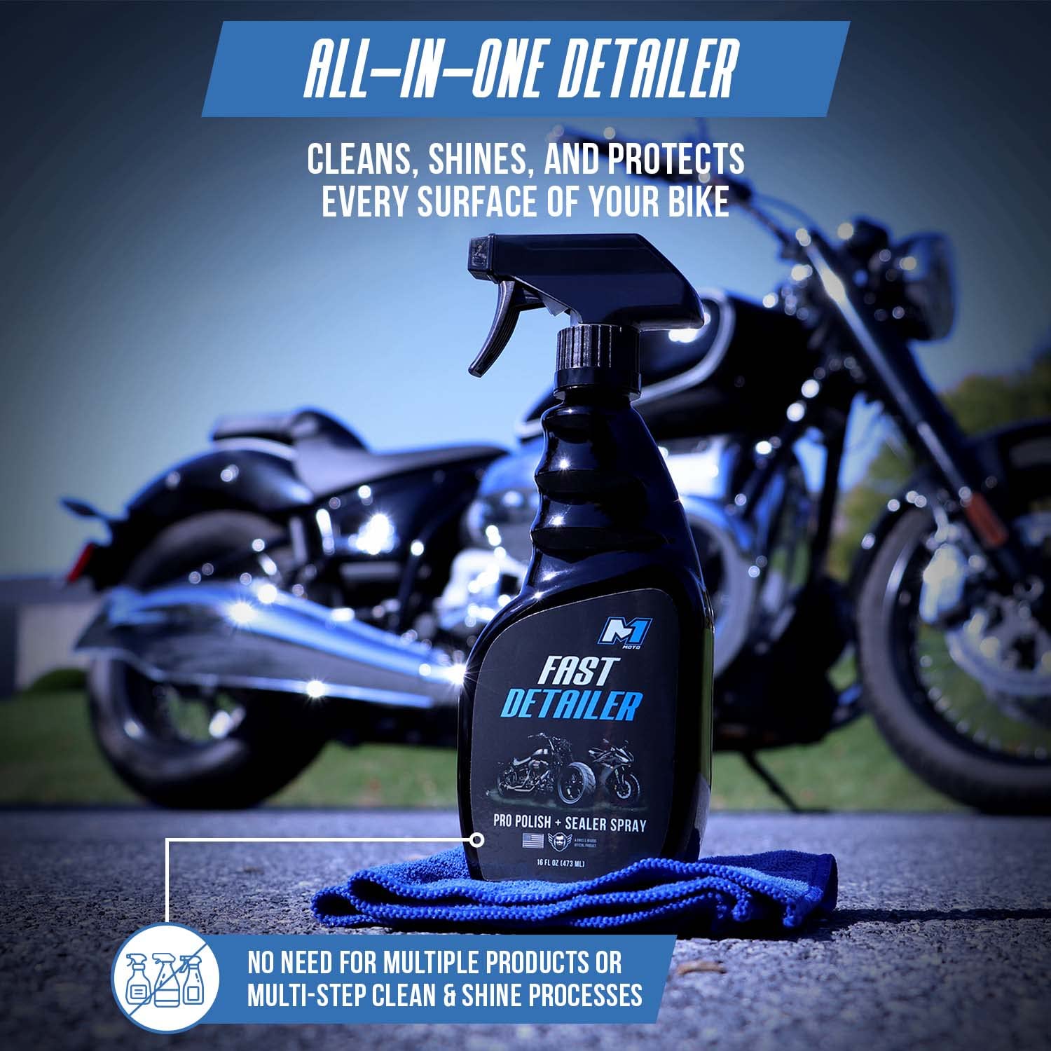 M1 MOTO Fast Detailer Motorcycle Cleaner & Pro Polish, All-in-One Kit with Microfiber Cloth, 16 FL OZ, Quick Detailer Spray