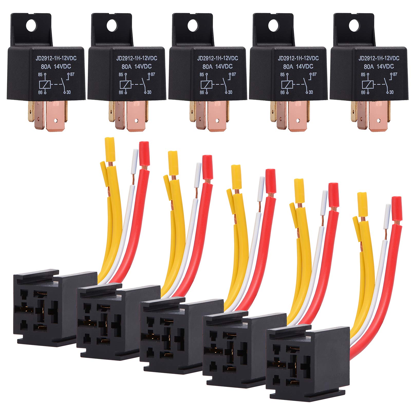 Ehdis 4-Pin Relay With Harness Car Truck Motor Heavy Duty 80A 12V On/Off Normally Open Spst Relay Socket Plug 4 Wire Automotive Relay Model Jd2912-1H-12Vdc 80A 14Vdc,Pack Of 5