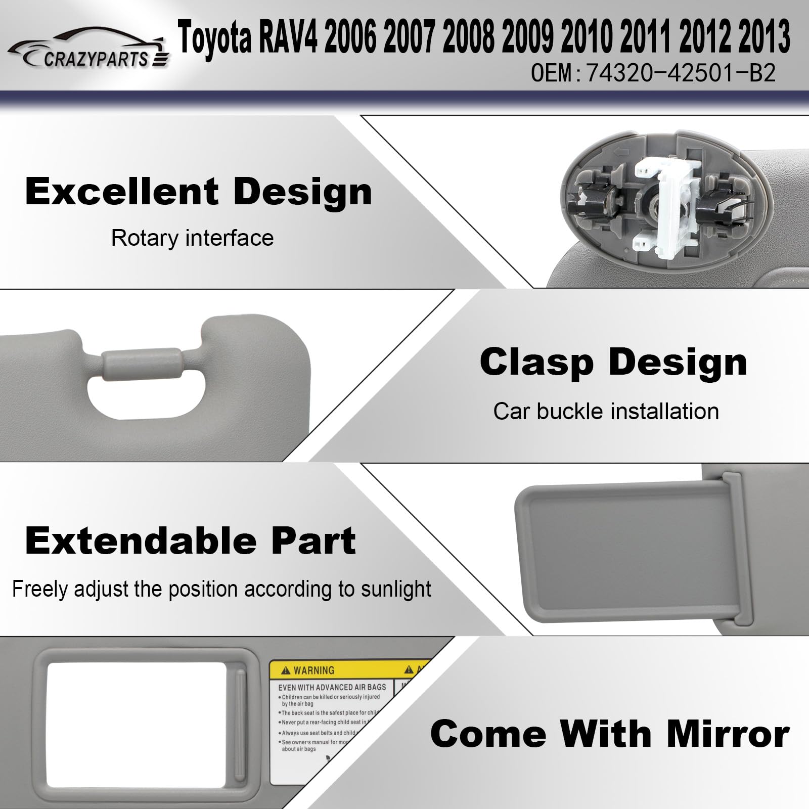 Driver Left Side Sun Visor Compatible With Toyota Rav4 2006 2007 2008 2009 2010 2011 2012 2013 With Light Replace 74320-42501-B2