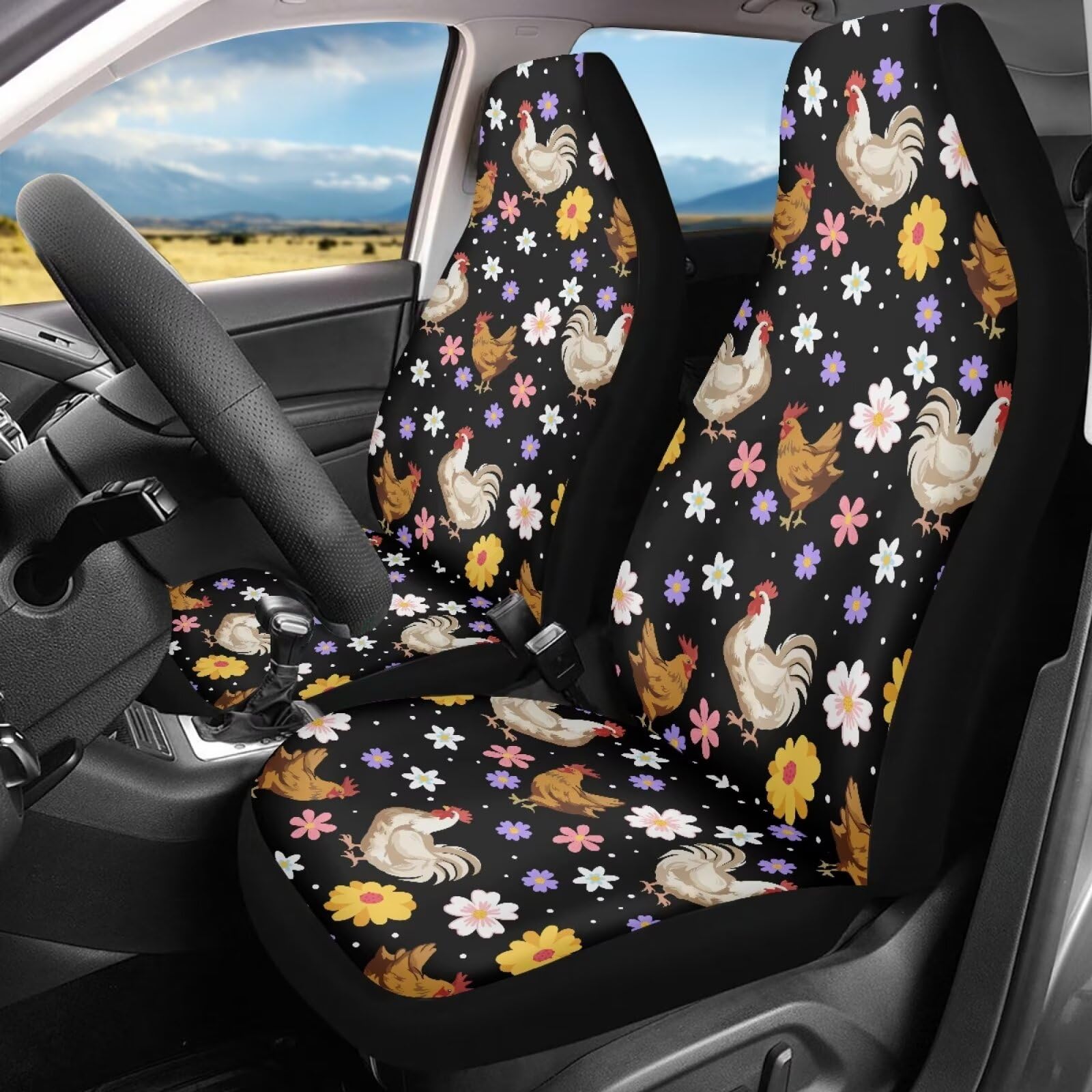 Bigcarjob Boho Chicken Car Seat Protector - Full Set Of 2 Pieces Hippie Daisy Chicken Vehicle Bucket Seat Pad For Women'S Auto I