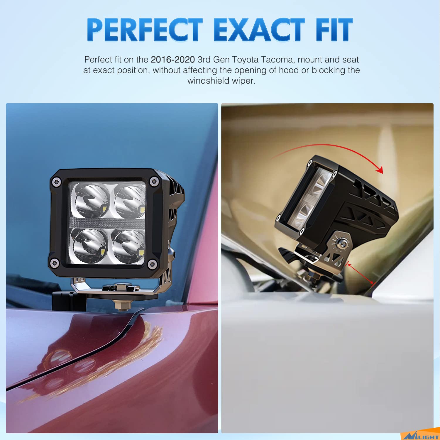 Nilight Ditch Light Brackets Hood Mount Brackets For Auxiliary Offroad Led Pod Light Work Light On 2Nd Gen Toyota Tacoma 2005-20