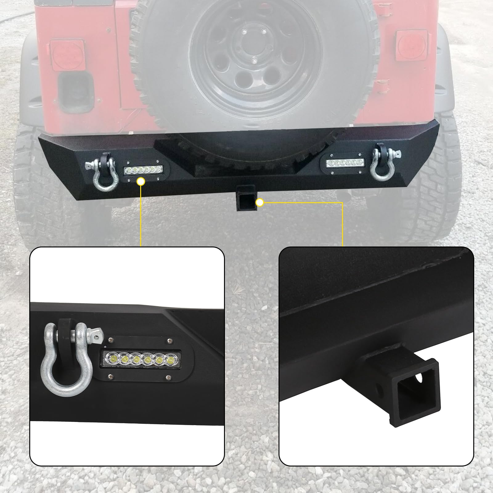 Kuafu Rear Bumper Compatible With 1987-2006 Jeep Wrangler Tj Yj With Led Lights 2 Hitch Receiver D-Rings Off-Road Style Black Texture