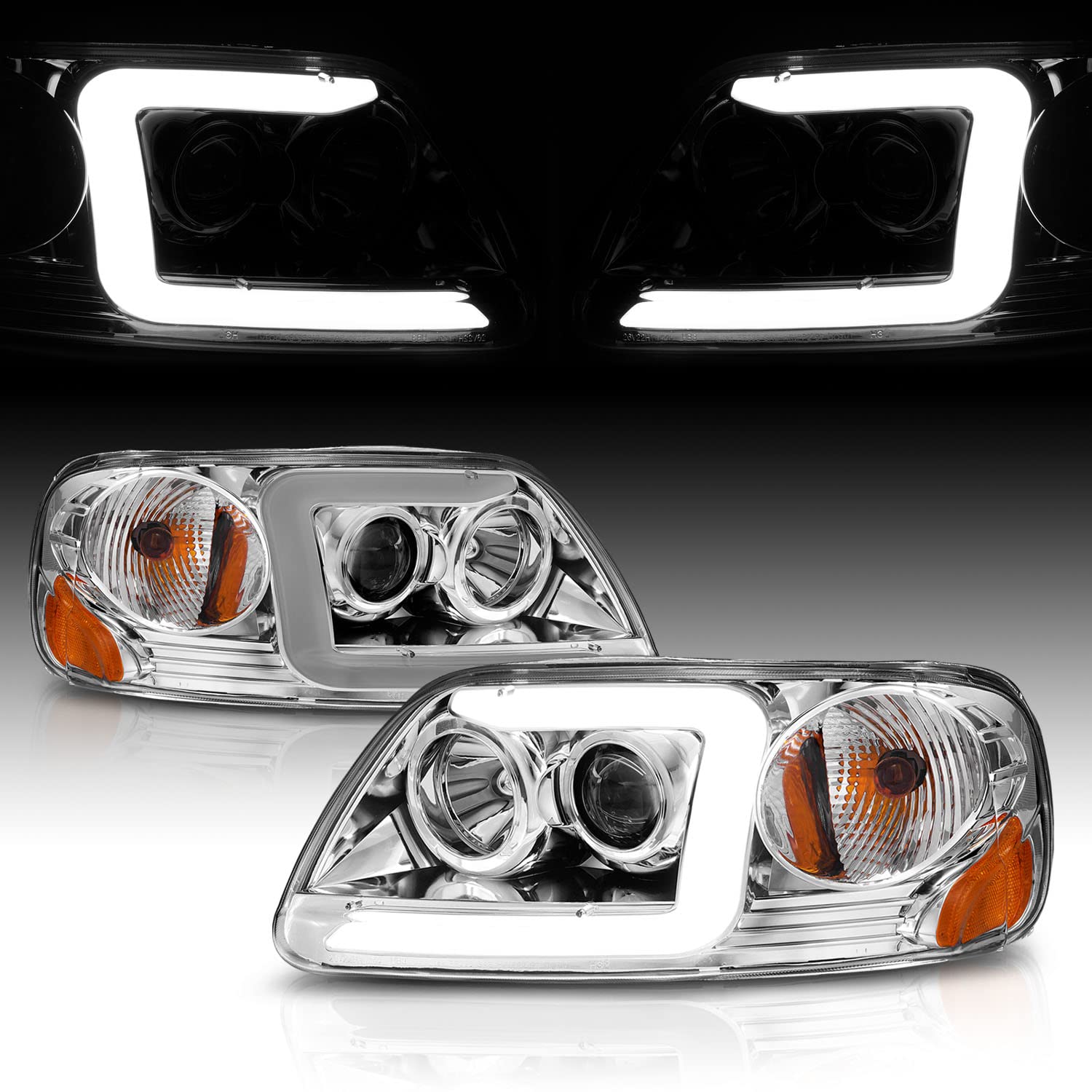 Amerilite For 1997-2003 Ford F150 Expedition Pickup Truck Chrome C-Type Led Tube Projector Replacement Headlights Set - Driver A