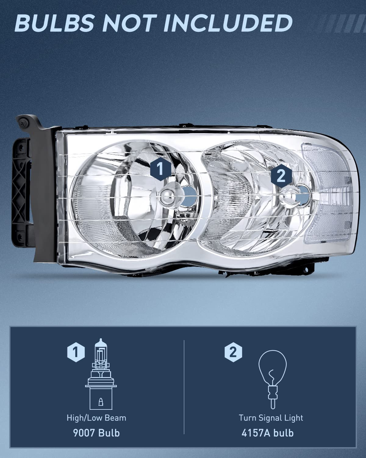 Nilight Headlight Assembly for 2002-2005 Ram 1500/2500/3500, Chrome Housing, Clear Lens, Driver & Passenger Side, 2 Pack