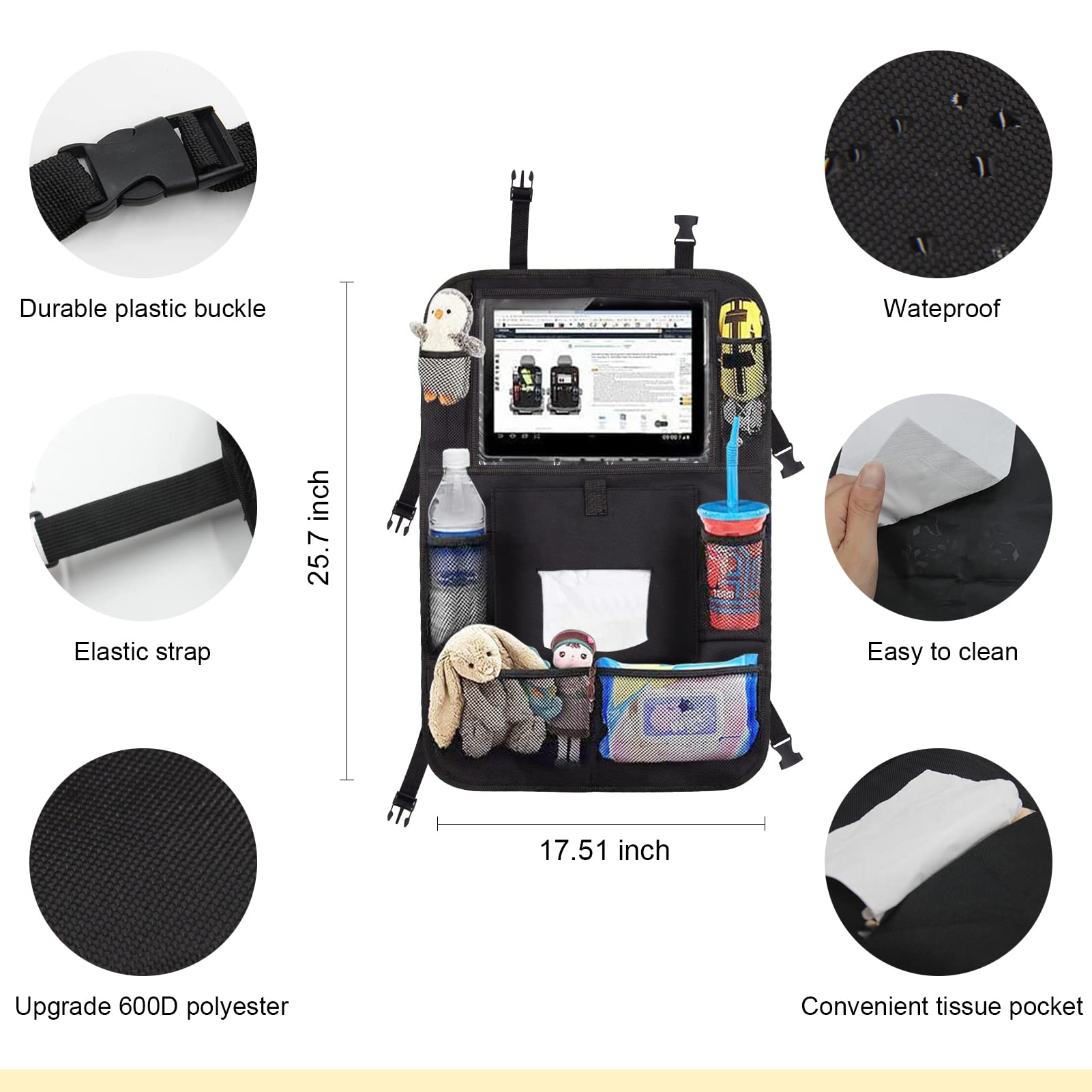 JUCAINHI Backseat Car Organizer 2 PCS - Black Storage with Touch Tablet Holder, Tissue Box, 8 Pockets & Charging Hole - Travel Essential for Kids