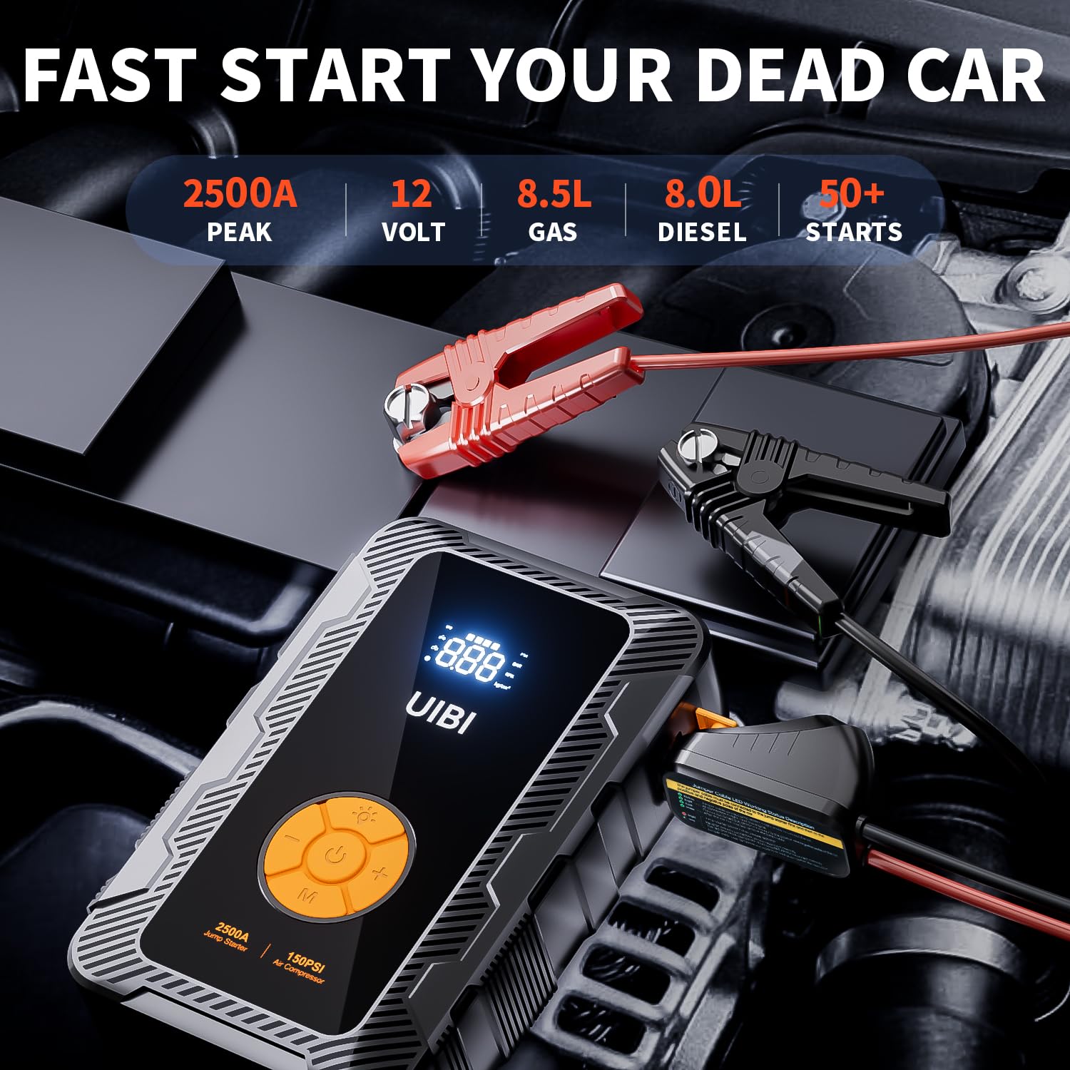 Uibi X6 Jump Starter With Air Compressor 150Psi, 2500A Car Battery Jumper Starter Portable Pack With Typec45W, 20000Mah Tire Inf