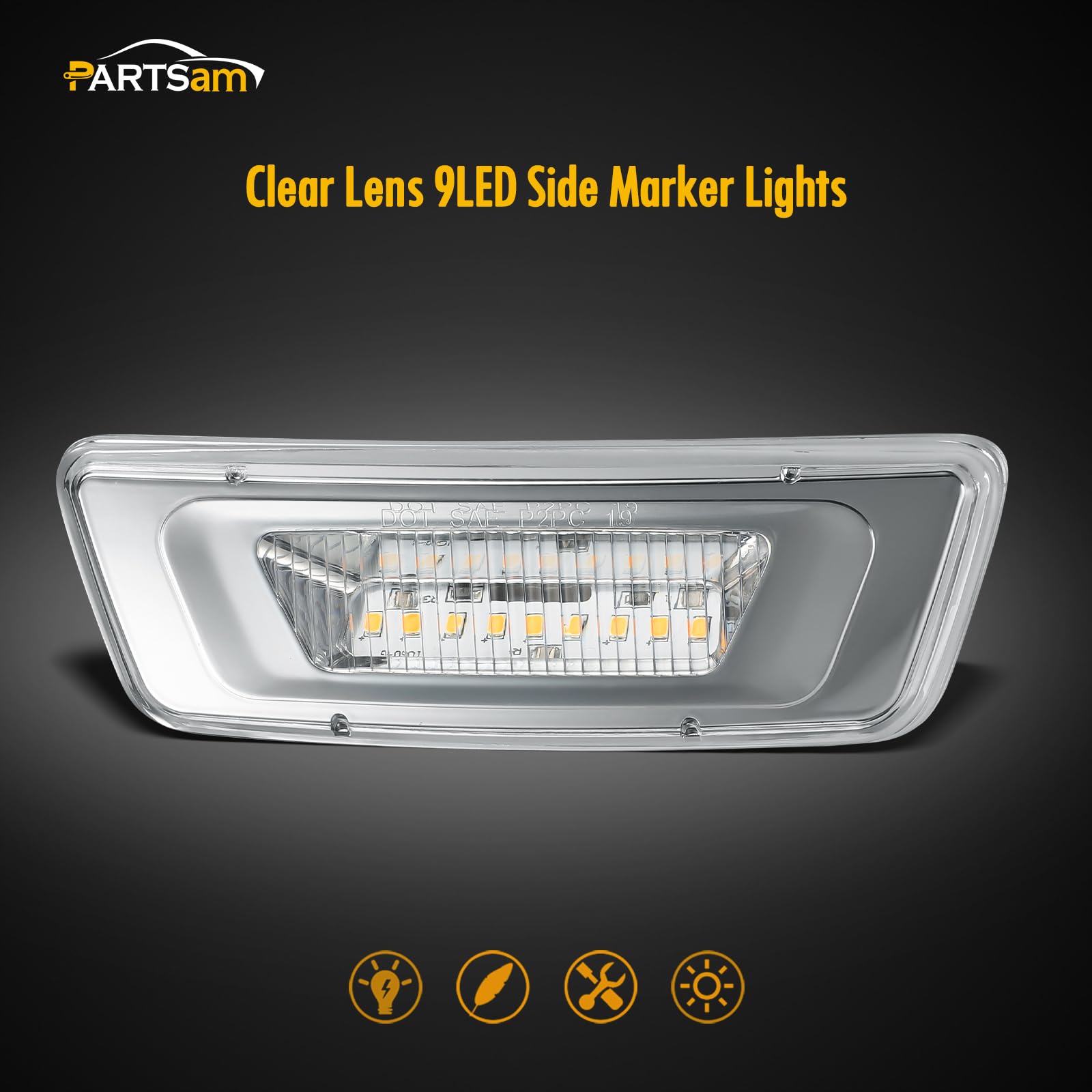 Partsam 2Pcs Replacement For Kenworth T680 T880 And Peterbilt 576 Led Side Marker Turn Signal Lights Assemblies Amber Clear Lens