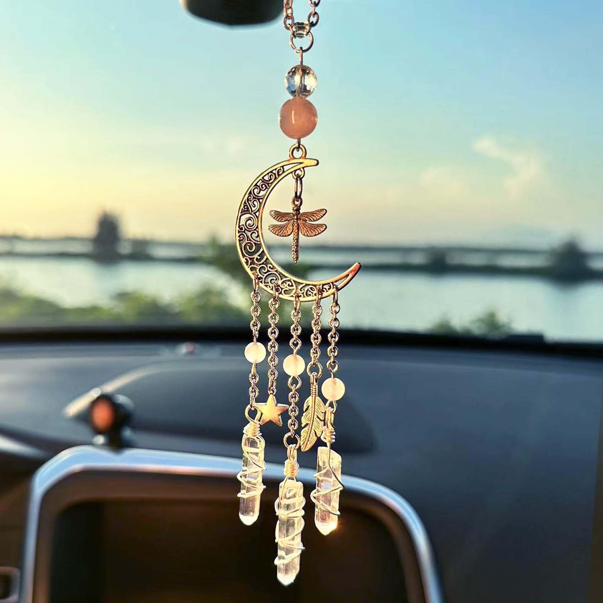 Hanging Car Charm, Handmade Crystal Window Car Hanging Ornaments, Dangling Moon, Healing Crystal Accessories, Rearview Mirror De