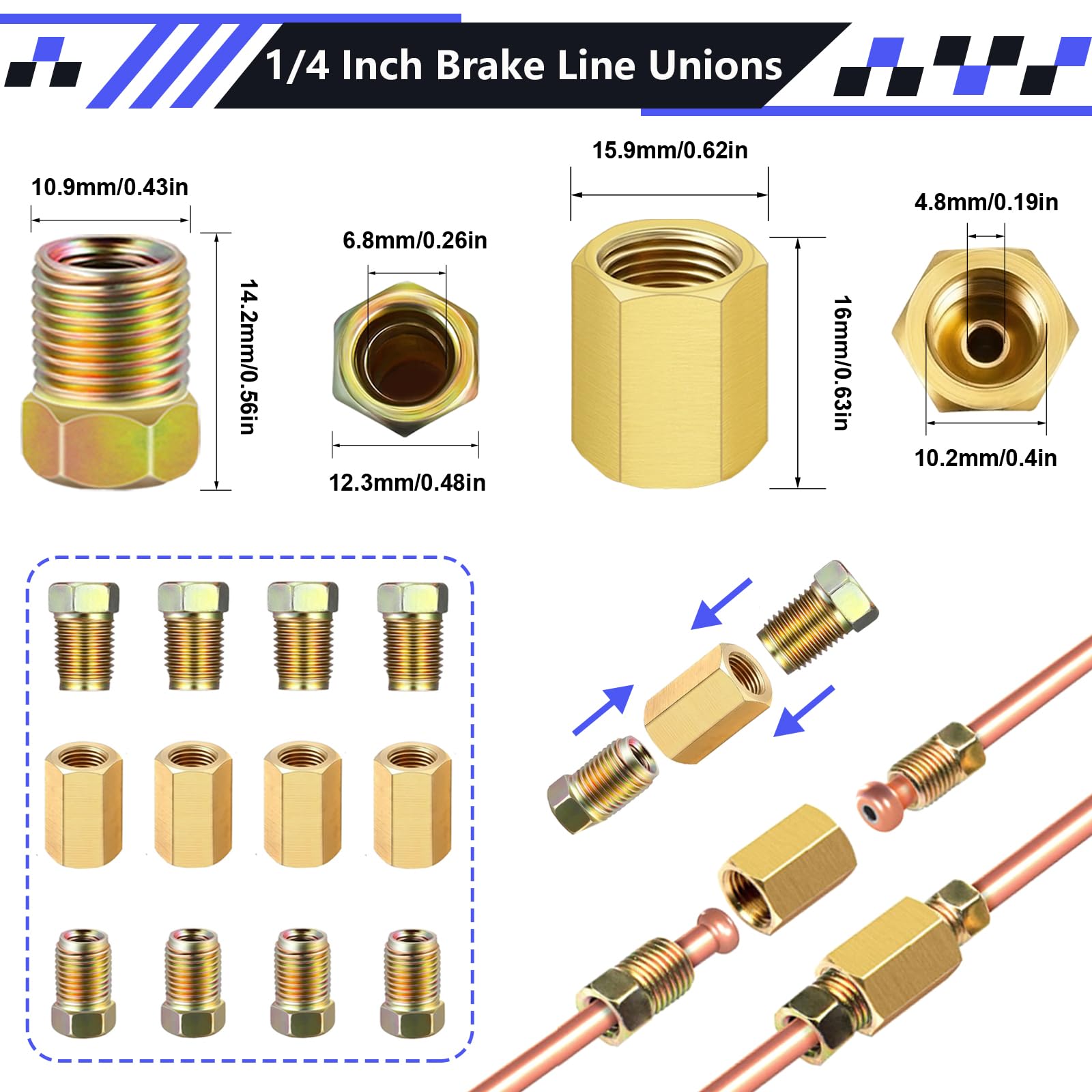 smseace 2Sets 25Ft. 1/4 '' Brake Line Tubing Kit with Brake Line Fittings(Includes 32pcs Fittings and 4pcs Unions+8pcs Nuts) Cop