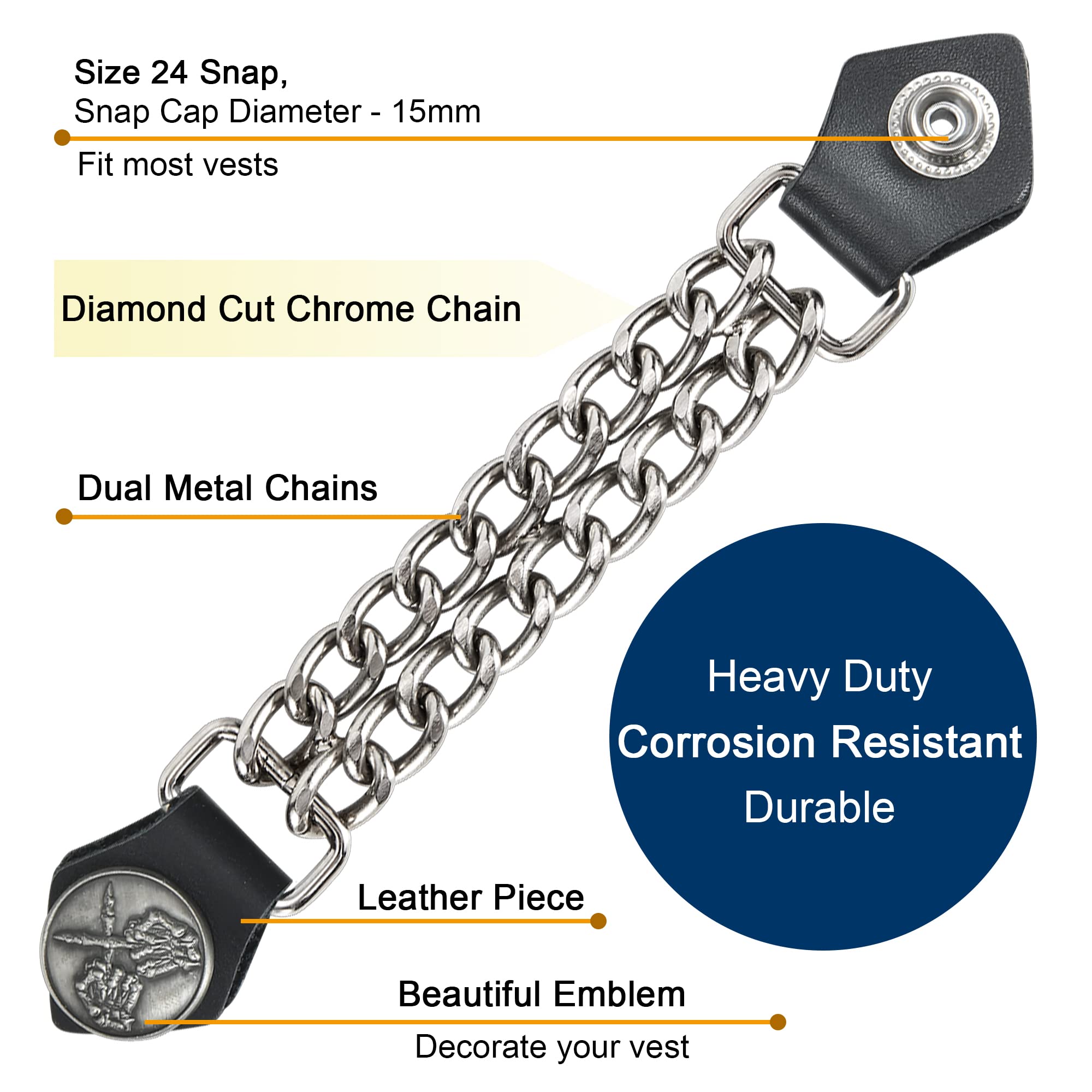 Dream Apparel 4Pcs Motorcycle Vest Extenders For Men, Biker Vest Extenders With Faux Leather Ends And Double Chrome Chains