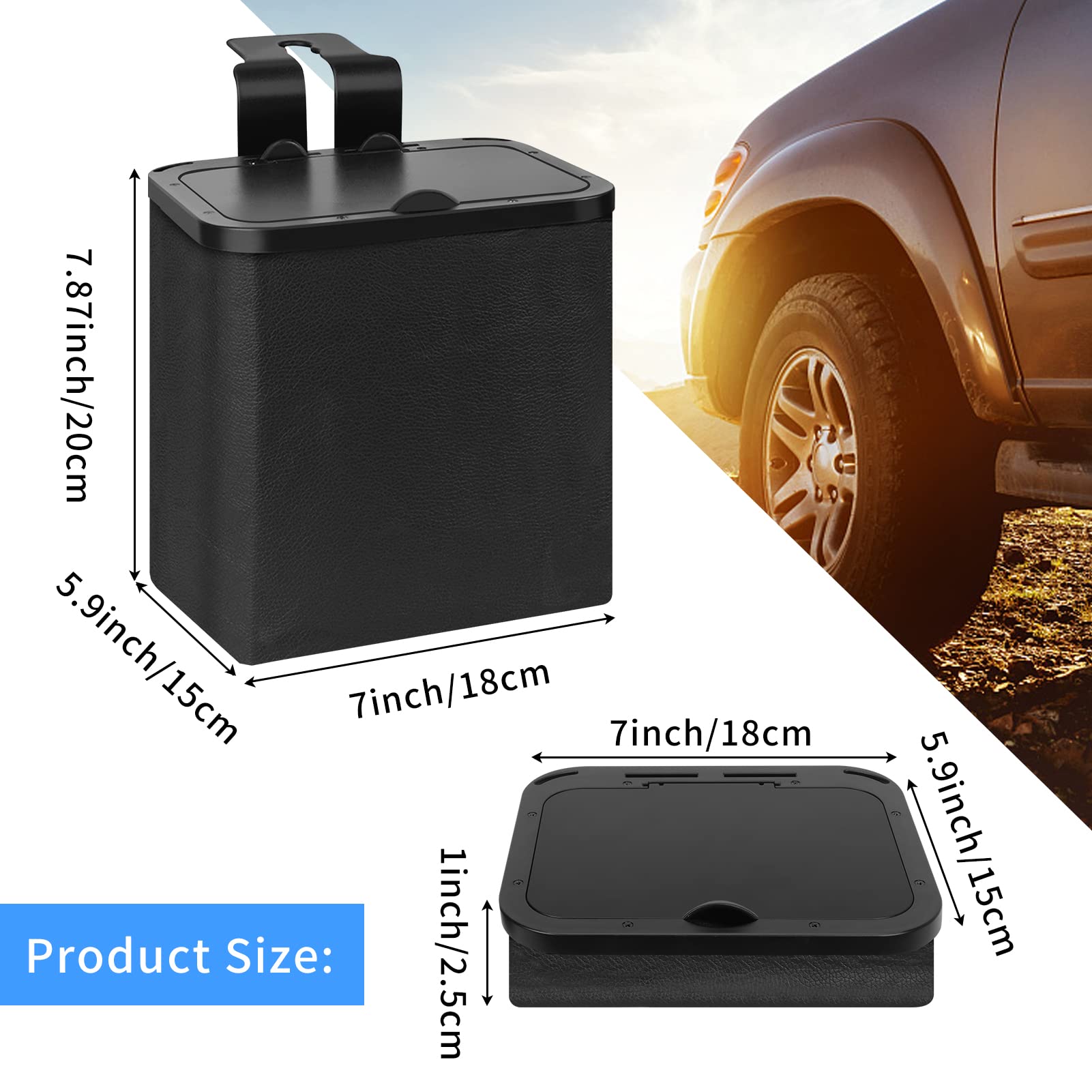 Homelove Collapsible Garbage Can With Lid & Car Seat Headrest Hook, Waterproof Pu Leather Trash Bin Multifunctional Car Accessor