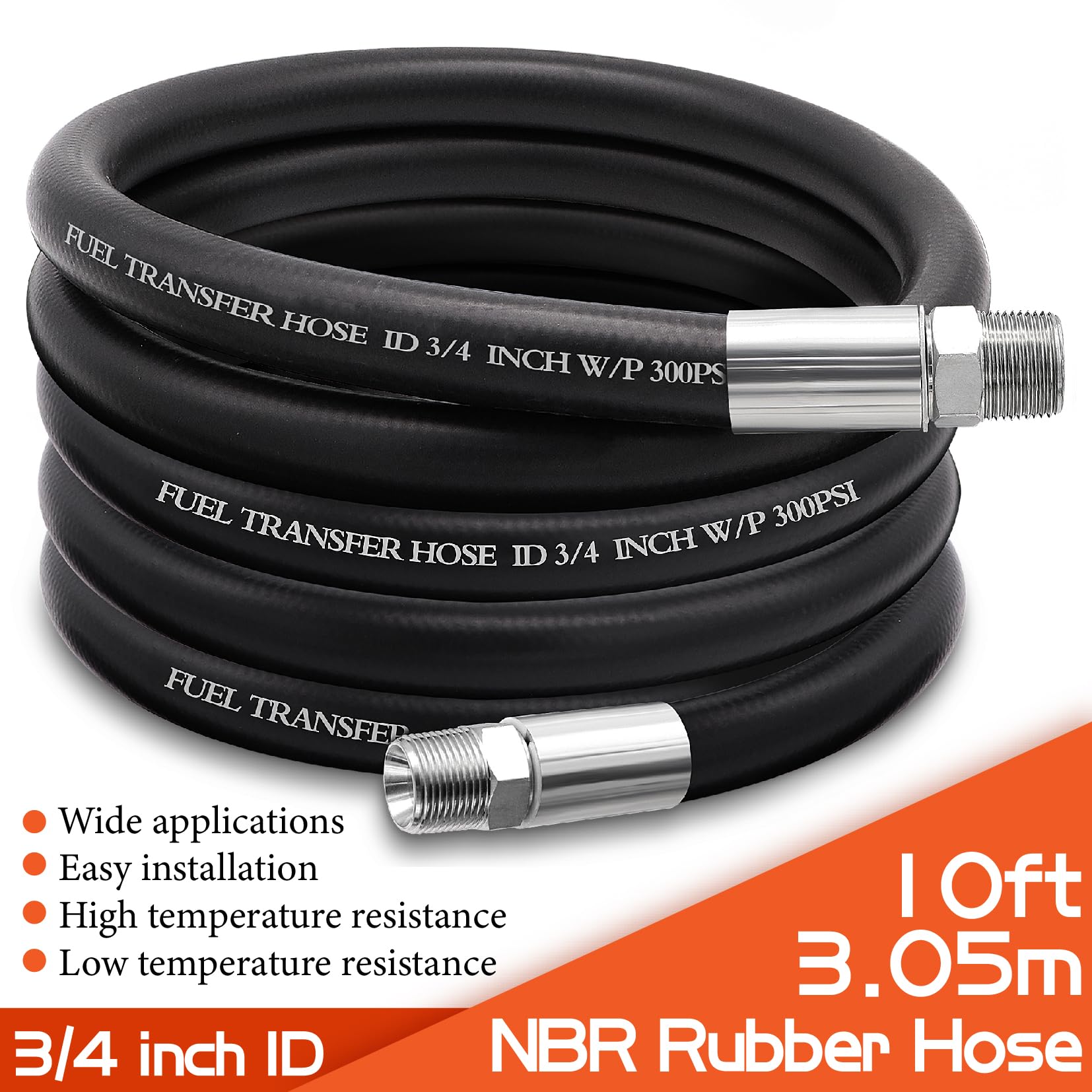 Ruikarhop 3/4 10FT Fuel Transfer Hose - Black Farm Pump Hose with Male NPT Fittings for Gasoline, Diesel, Biodiesel